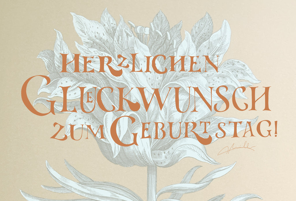 Kunstdruck Postkarte, Geburtstag Glückwunschkarte, 4 Farbvarianten, Fine Art Print, Kalligrafie, Jugendstil, A6 - B6, mit Umschlag B6, Gicleé Druck