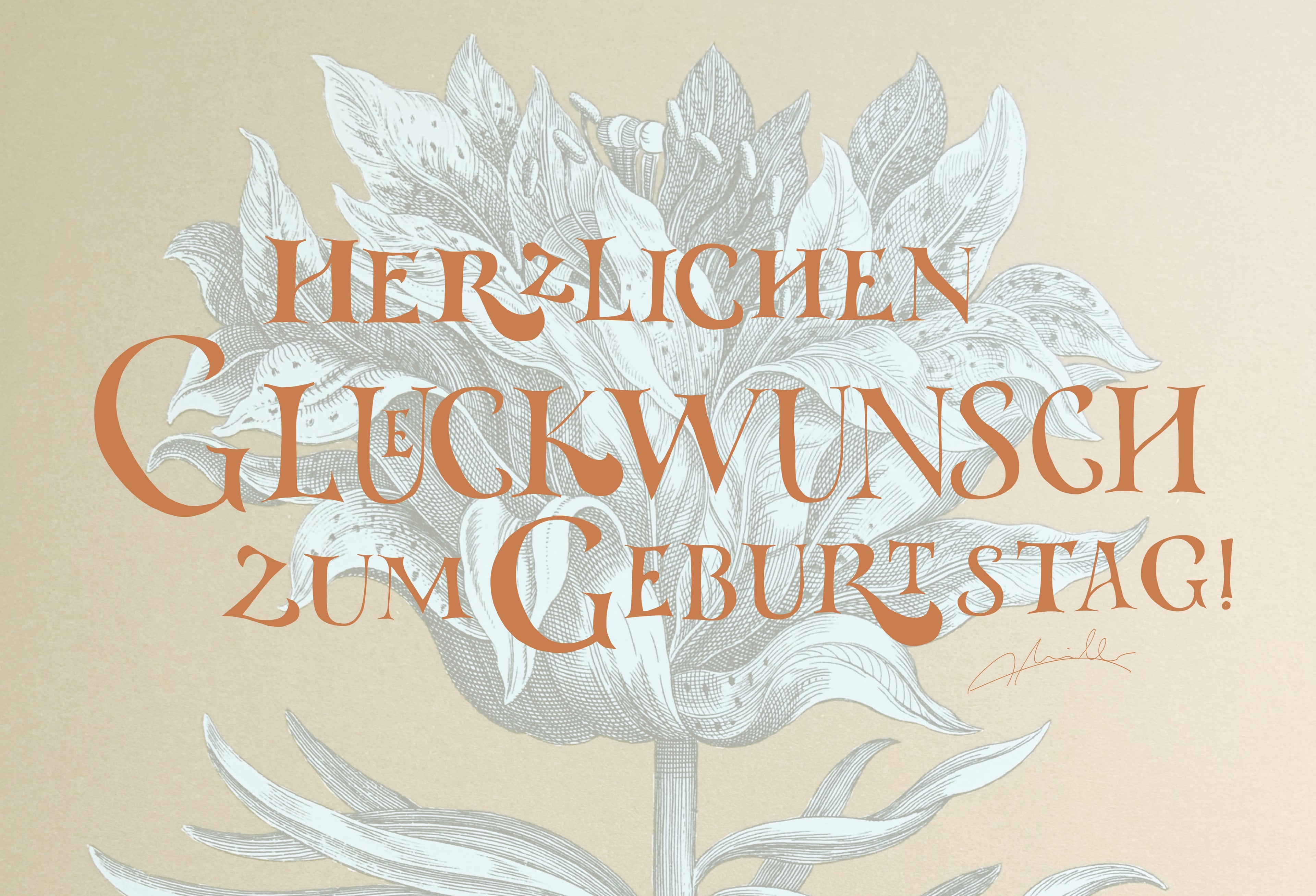 Kunstdruck Postkarte, Geburtstag Glückwunschkarte, 4 Farbvarianten, Fine Art Print, Kalligrafie, Jugendstil, A6 - B6, mit Umschlag B6, Gicleé Druck