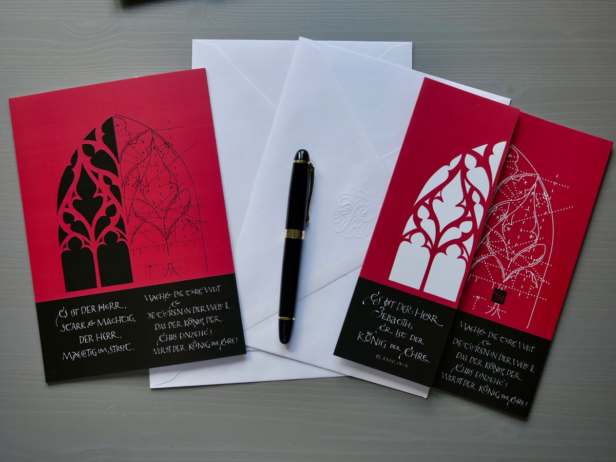 Moderne christliche Weihnachtskarte Psalm 24 – Altarfalz in Rot | Kalligrafie „Machet die Tore weit“ | A4 offen mit edlem Umschlag
