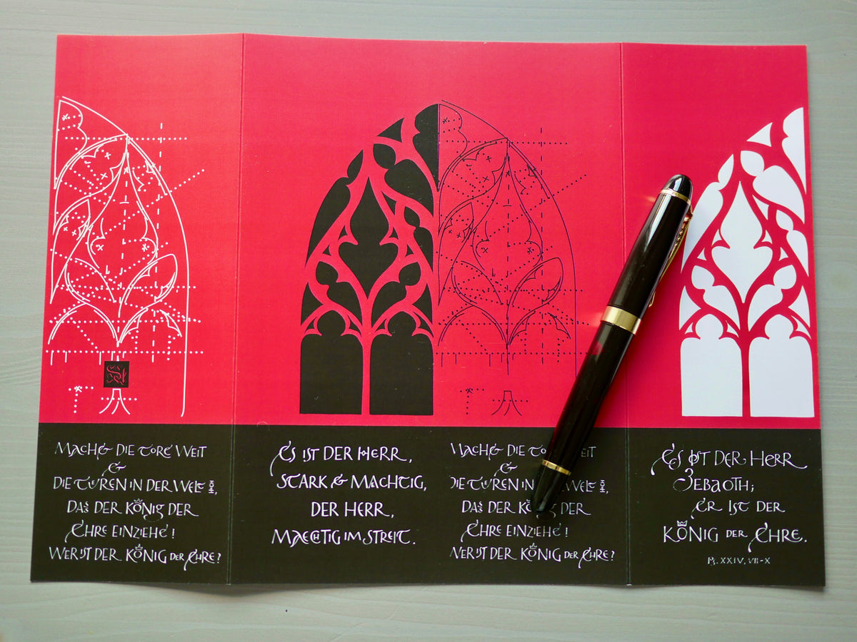 Moderne christliche Weihnachtskarte Psalm 24 – Altarfalz in Rot | Kalligrafie „Machet die Tore weit“ | A4 offen mit edlem Umschlag