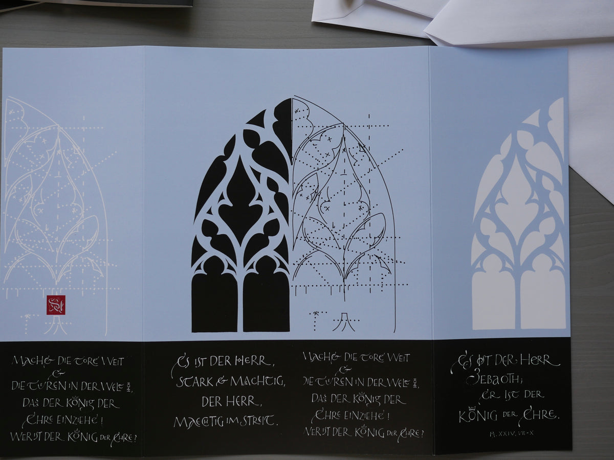 Moderne christliche Weihnachtskarte Psalm 24 – Altarfalz in Bleu | Kalligrafie „Machet die Tore weit“ | A3 offen mit Umschlag