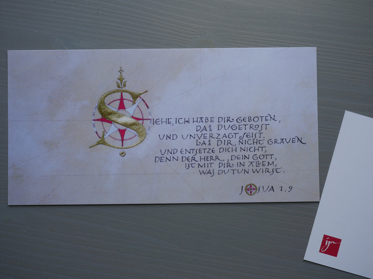 Christliche Postkarte Josua 1,9 – Bibelvers „Sei getrost und unverzagt“ – Kalligrafie – DIN lang – Luther 1912
