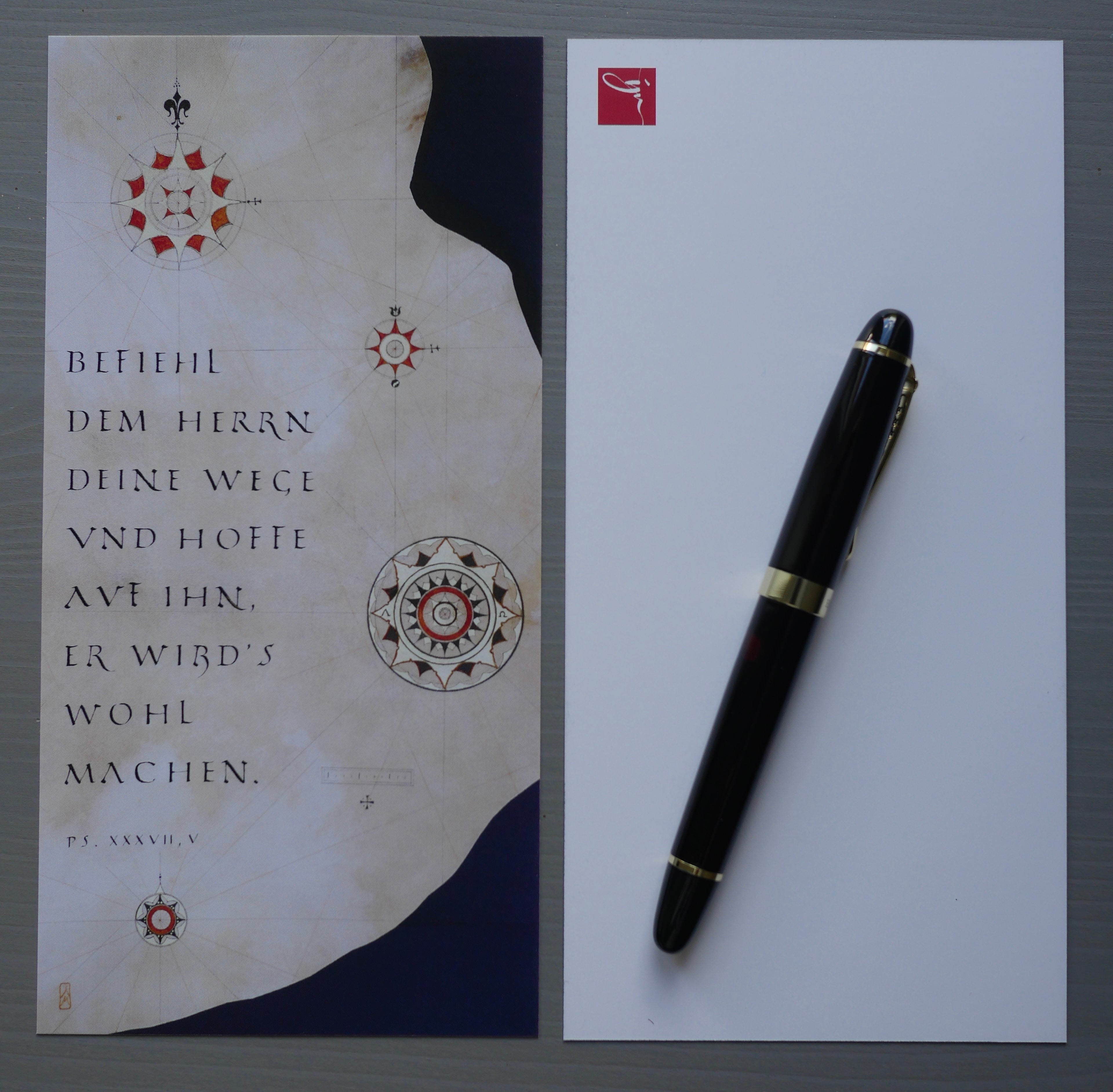 Christliche Postkarte Psalm 37,5 – Befiehl dem Herrn deine Wege – Kalligrafie auf Ziegenpergament – Luther 1912