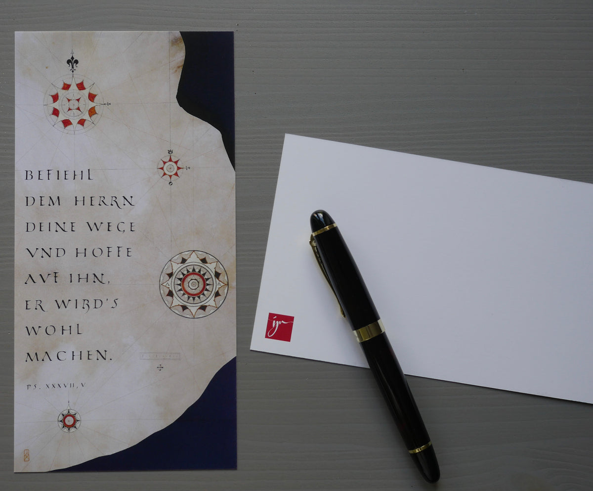 Christliche Postkarte Psalm 37,5 – Befiehl dem Herrn deine Wege – Kalligrafie auf Ziegenpergament – Luther 1912