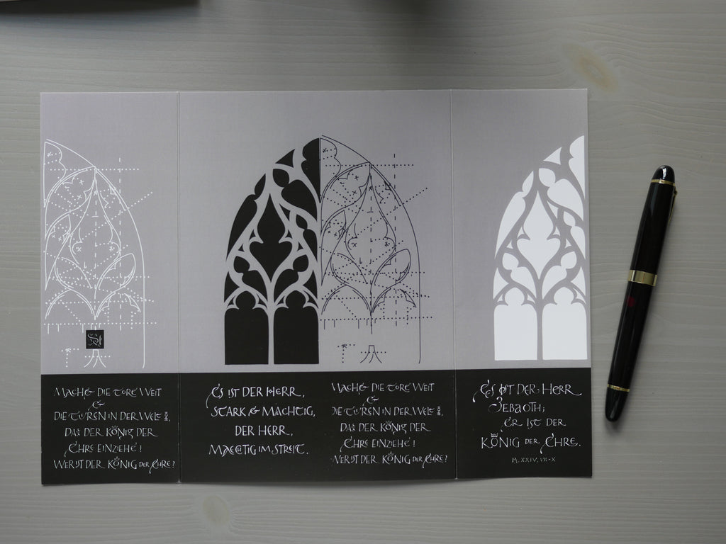 Moderne christliche Weihnachtskarte Psalm 24 – Altarfalz in Grau | Kalligrafie „Machet die Tore weit“ | A4 offen mit edlem Umschlag