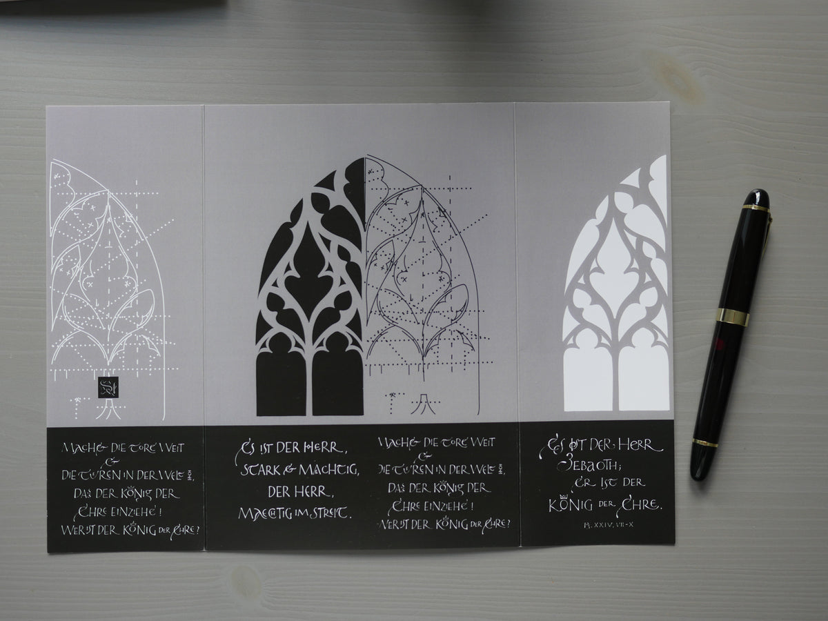Moderne christliche Weihnachtskarte Psalm 24 – Altarfalz in Grau | Kalligrafie „Machet die Tore weit“ | A4 offen mit edlem Umschlag