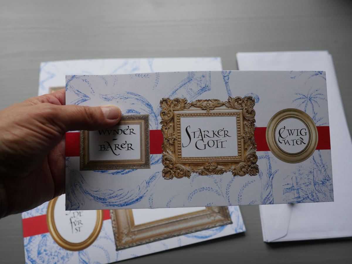 Christliche Weihnachtskarte Jesaja 9,5 – DIN lang Klappkarte mit Umschlag – Kalligrafie im Toile-de-Jouy-Design
