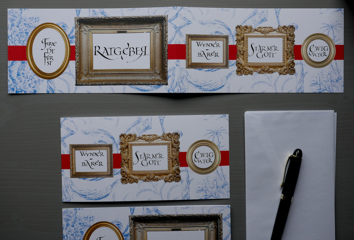 Christliche Weihnachtskarte Jesaja 9,5 – DIN lang Klappkarte mit Umschlag – Kalligrafie im Toile-de-Jouy-Design