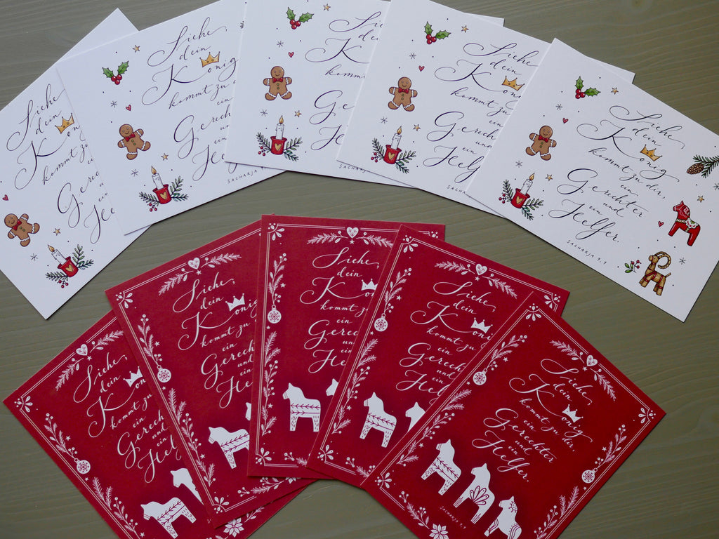 10er Set christliche Weihnachtskarten | 5 weiß + 5 rot | Sacharja 9,9 | Bibelvers | Adventskarten | Weihnachtspost