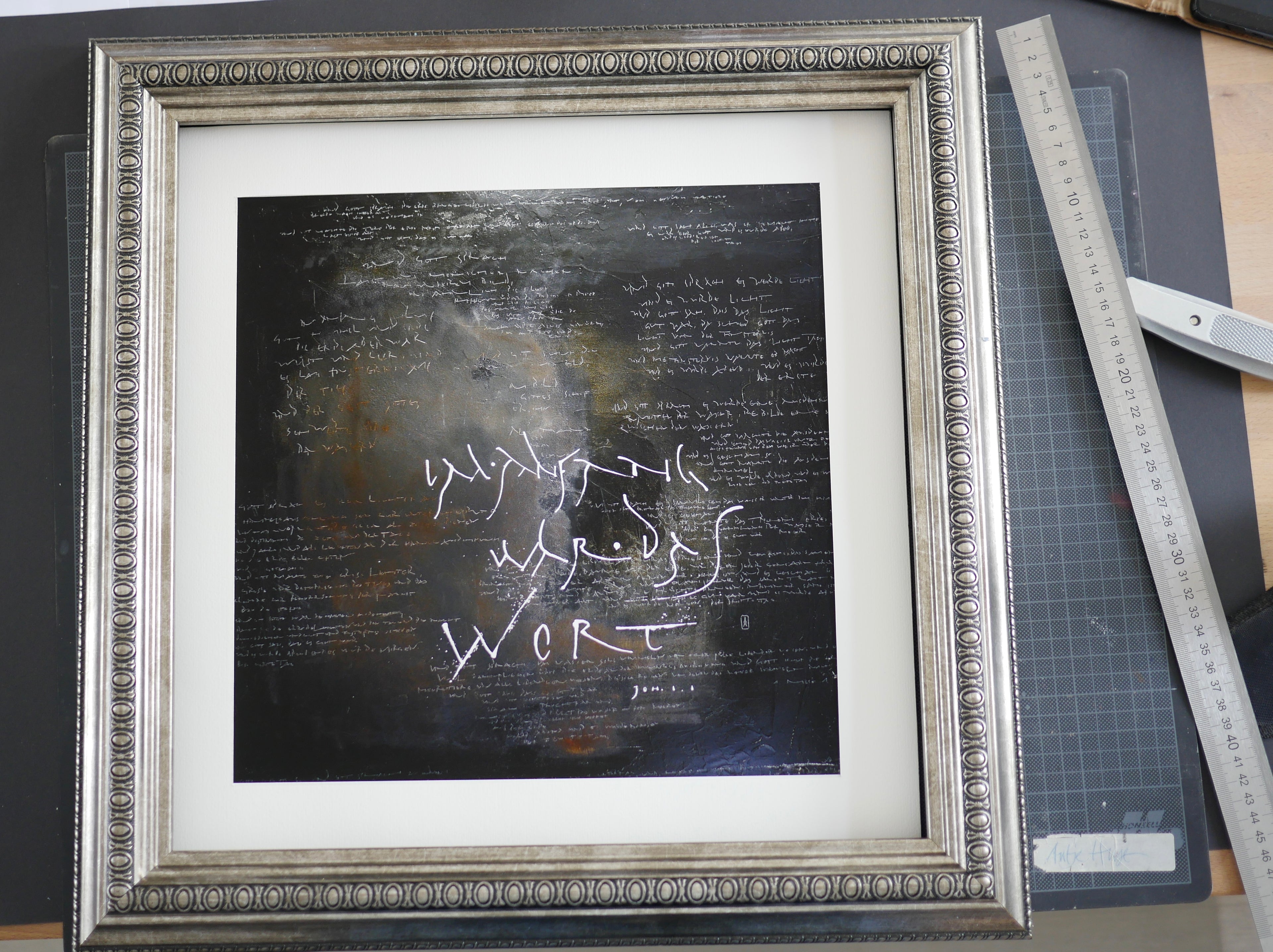 Christliche Wandbilder, 32x32cm, Wandbild christlich, Fine Art Print, Im Anfang war das Wort, Kalligrafie, Giclée Druck, Johannes 1 und 1. Mose 1, moderne christliche Kunst