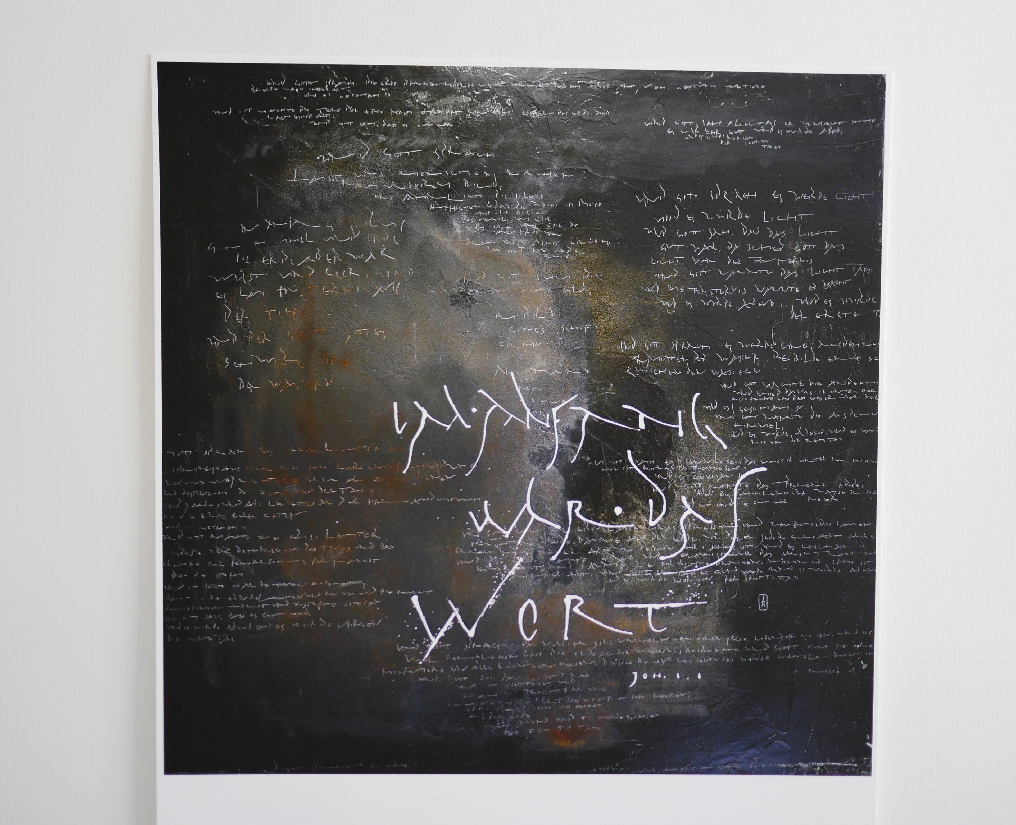 Christliche Wandbilder, 32x32cm, Wandbild christlich, Fine Art Print, Im Anfang war das Wort, Kalligrafie, Giclée Druck, Johannes 1 und 1. Mose 1, moderne christliche Kunst