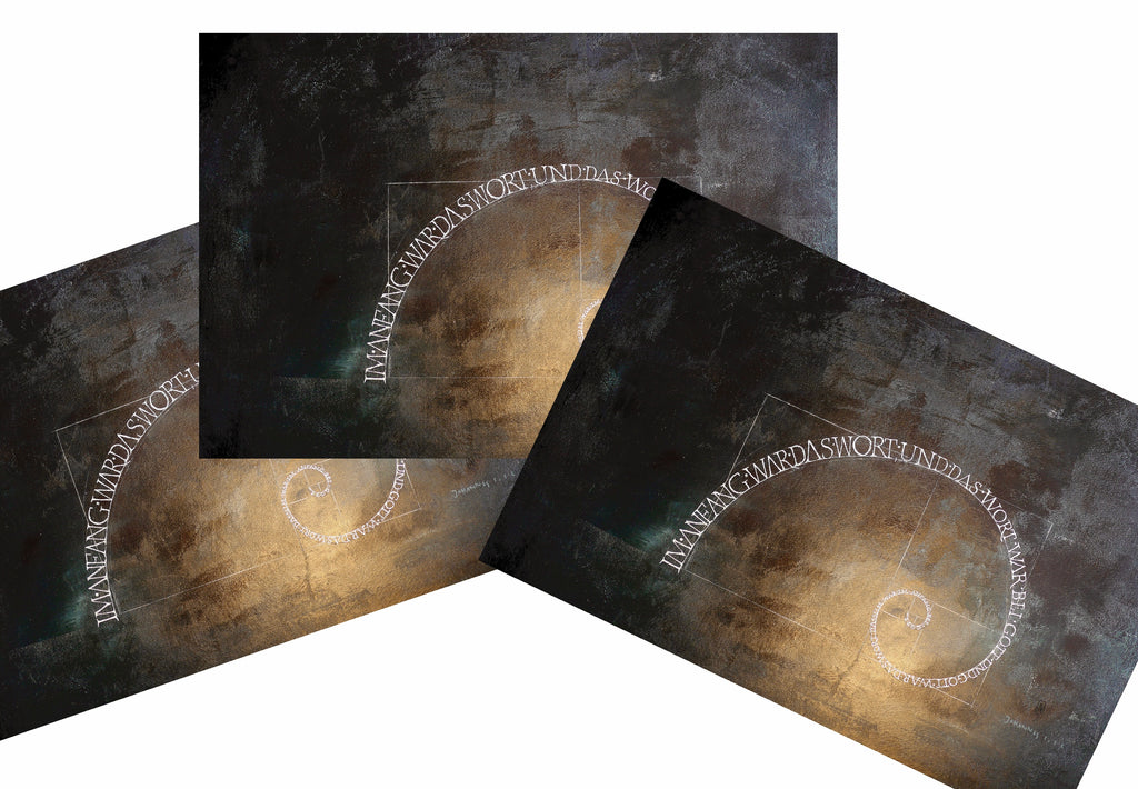 XL Postkarte christlich, Im Anfang war das Wort, Goldener Schnitt, konstruierte Schriftspirale, Postkartenkarton, moderne christliche Kunst