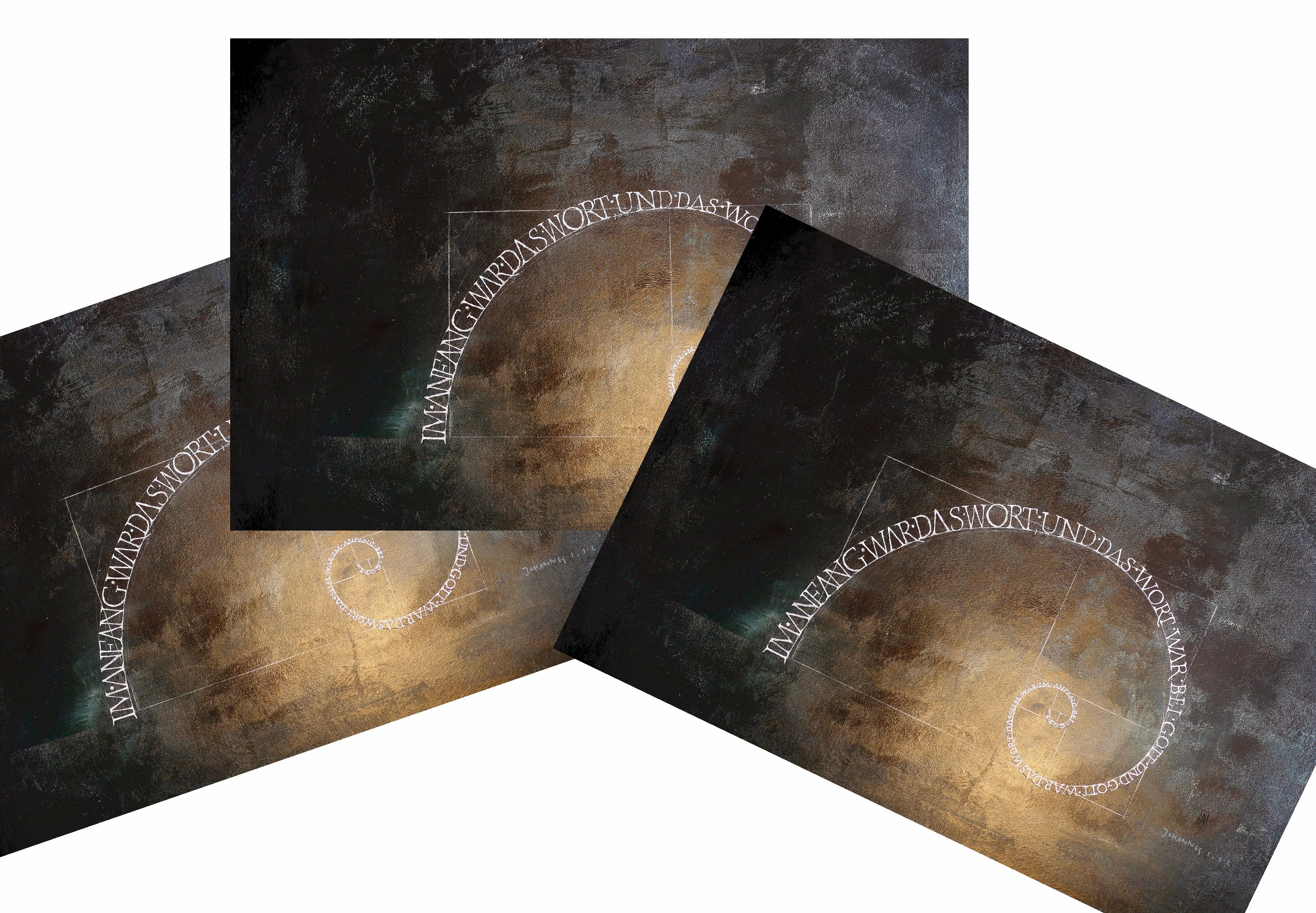 XL Postkarte christlich, Im Anfang war das Wort, Goldener Schnitt, konstruierte Schriftspirale, Postkartenkarton, moderne christliche Kunst