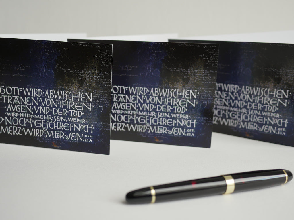 Trauerkarte christlich, 5 Motive, "Und Gott wird abwischen alle Tränen", Off. 21,4 mit Umschlag, Din A6, gedruckt Kalligrafie, Kalligraphie, Bibelspruch