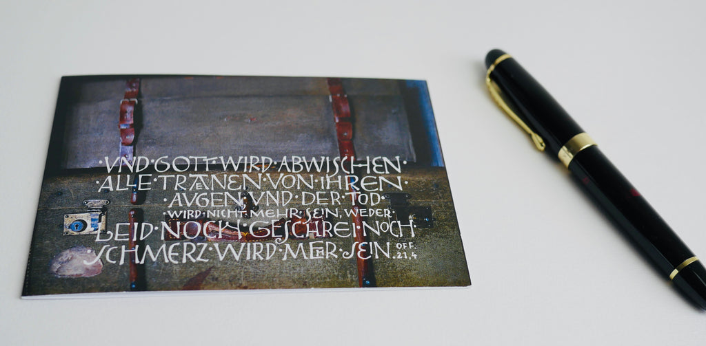 Trauerkarte christlich, 5 Motive, "Und Gott wird abwischen alle Tränen", Off. 21,4 mit Umschlag, Din A6, gedruckt Kalligrafie, Kalligraphie, Bibelspruch