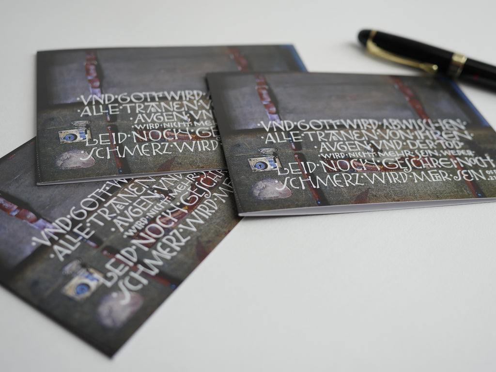 Trauerkarte christlich, 5 Motive, "Und Gott wird abwischen alle Tränen", Off. 21,4 mit Umschlag, Din A6, gedruckt Kalligrafie, Kalligraphie, Bibelspruch