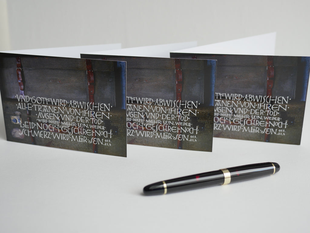 Trauerkarte christlich, 5 Motive, "Und Gott wird abwischen alle Tränen", Off. 21,4 mit Umschlag, Din A6, gedruckt Kalligrafie, Kalligraphie, Bibelspruch