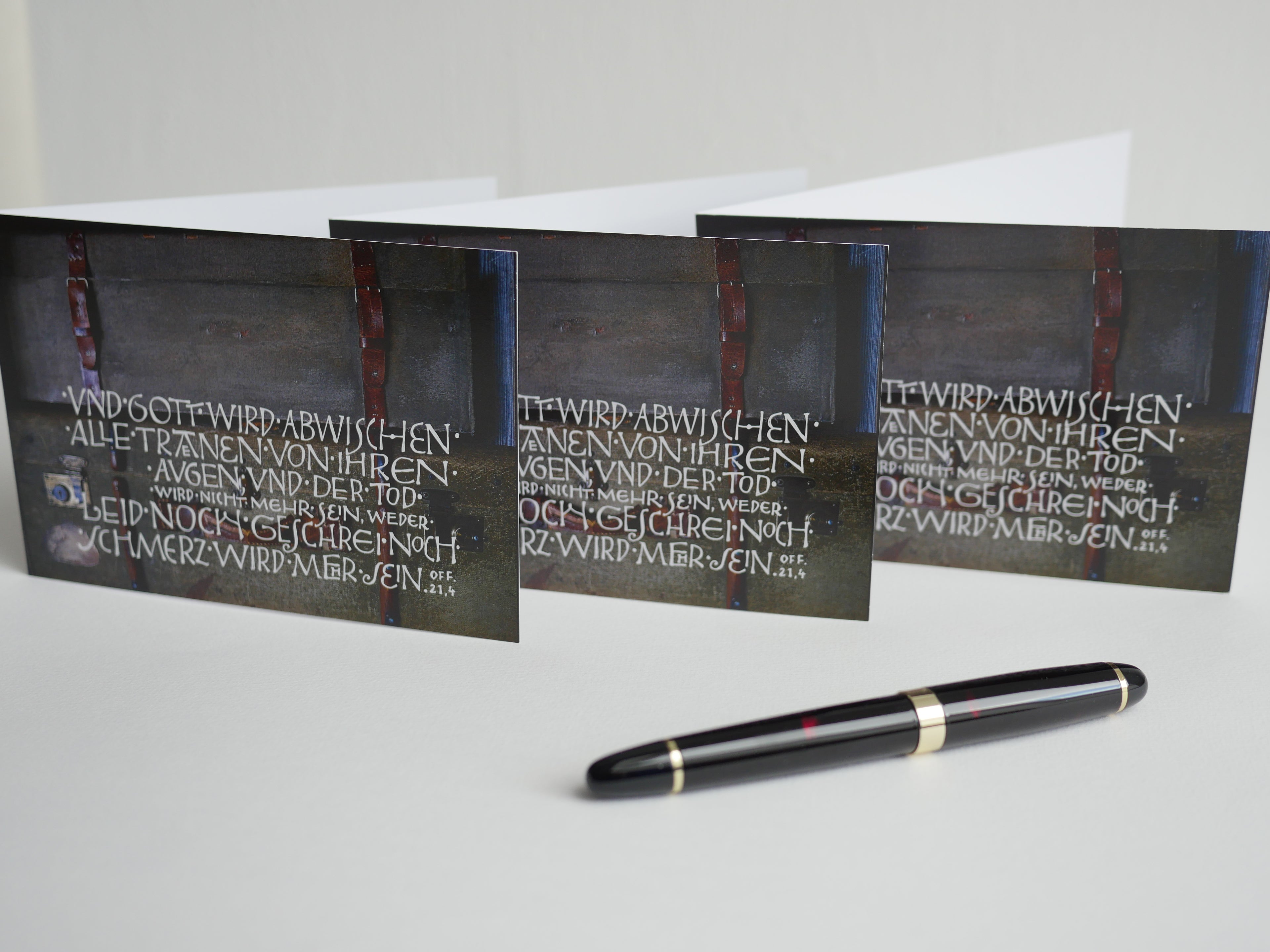 Trauerkarte christlich, 5 Motive, "Und Gott wird abwischen alle Tränen", Off. 21,4 mit Umschlag, Din A6, gedruckt Kalligrafie, Kalligraphie, Bibelspruch