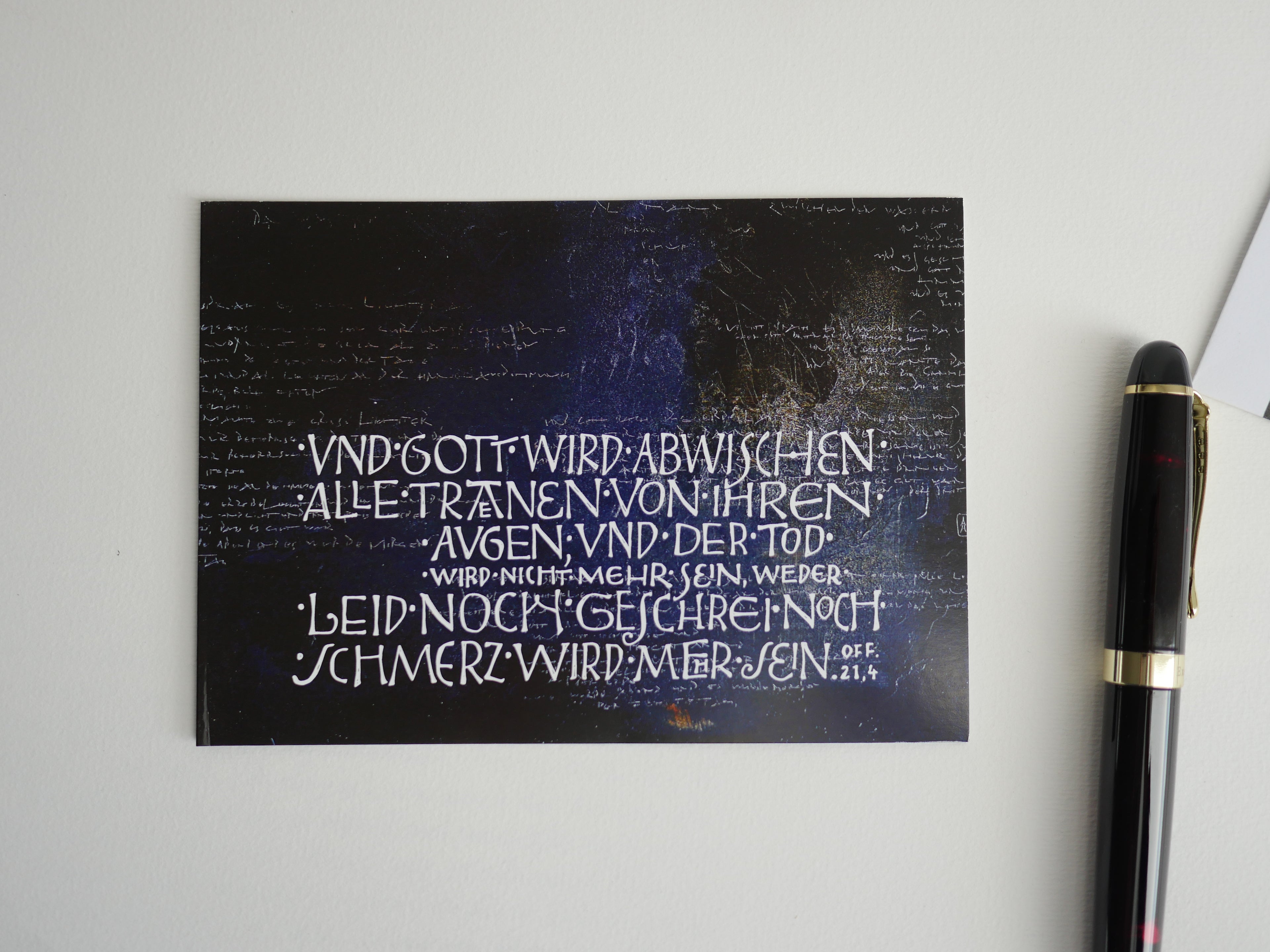 Trauerkarte christlich, 5 Motive, "Und Gott wird abwischen alle Tränen", Off. 21,4 mit Umschlag, Din A6, gedruckt Kalligrafie, Kalligraphie, Bibelspruch
