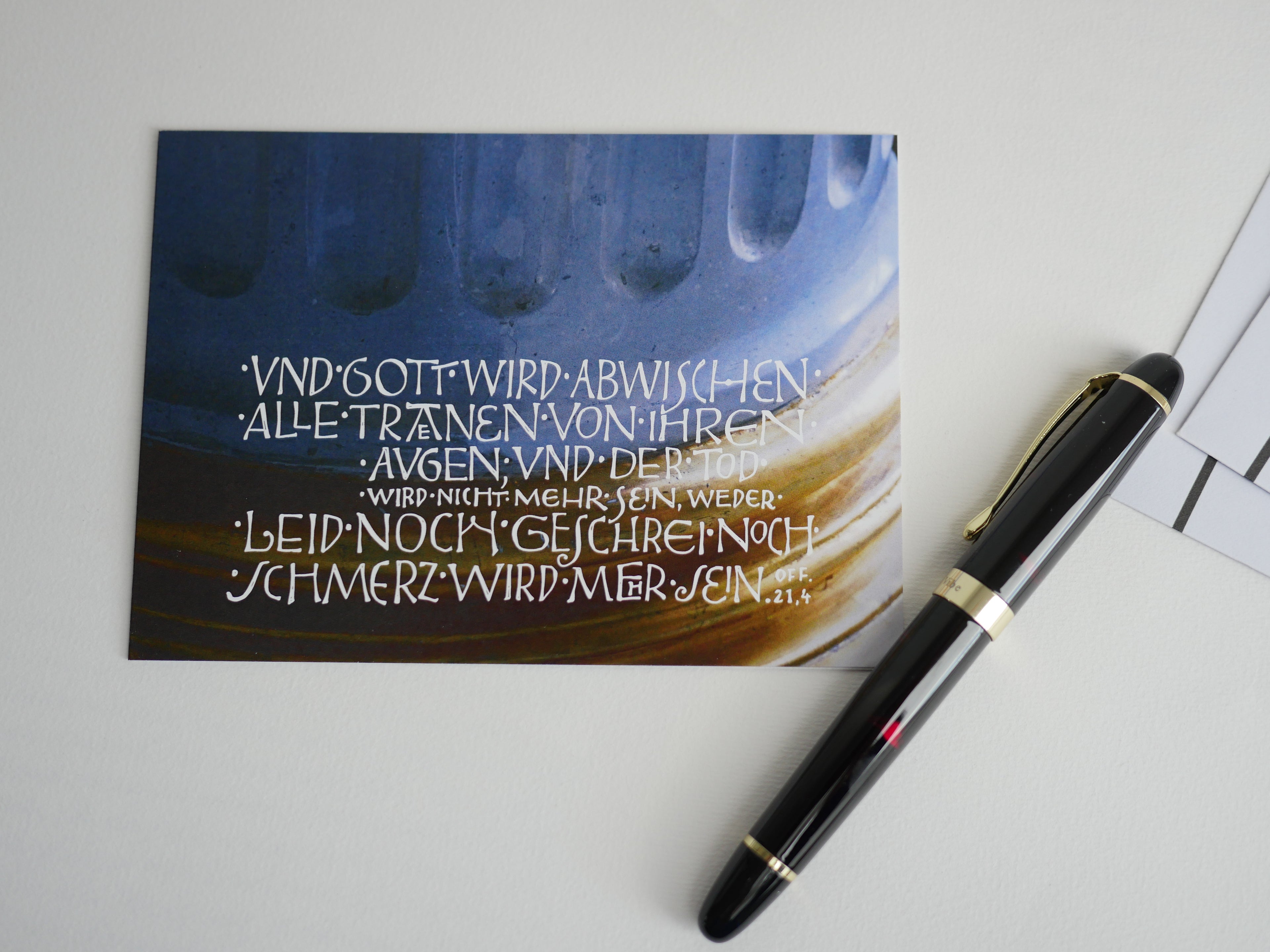 Trauerkarte christlich, 5 Motive, "Und Gott wird abwischen alle Tränen", Off. 21,4 mit Umschlag, Din A6, gedruckt Kalligrafie, Kalligraphie, Bibelspruch