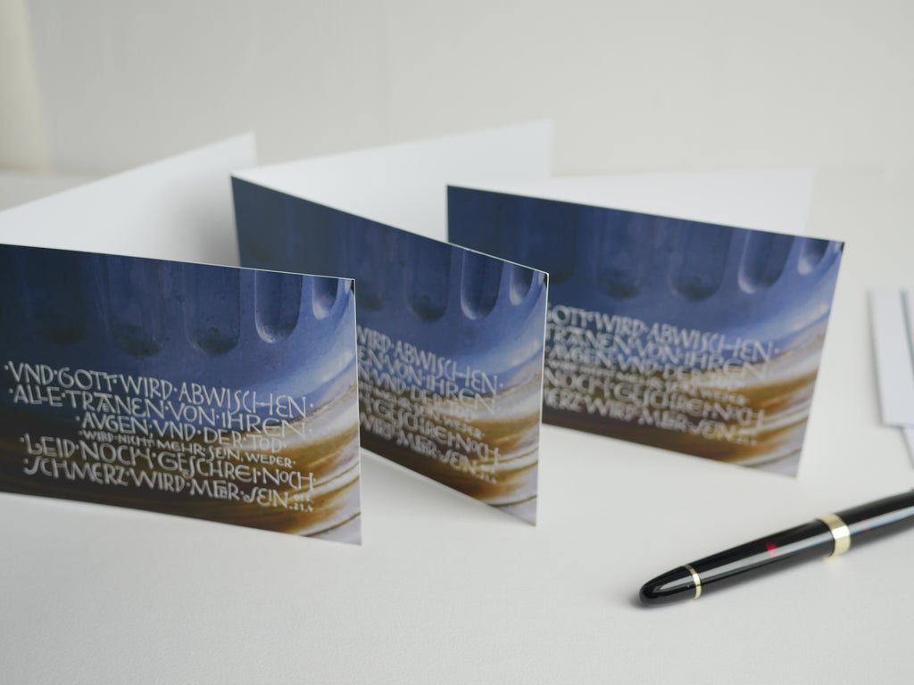 Trauerkarte christlich, 5 Motive, "Und Gott wird abwischen alle Tränen", Off. 21,4 mit Umschlag, Din A6, gedruckt Kalligrafie, Kalligraphie, Bibelspruch