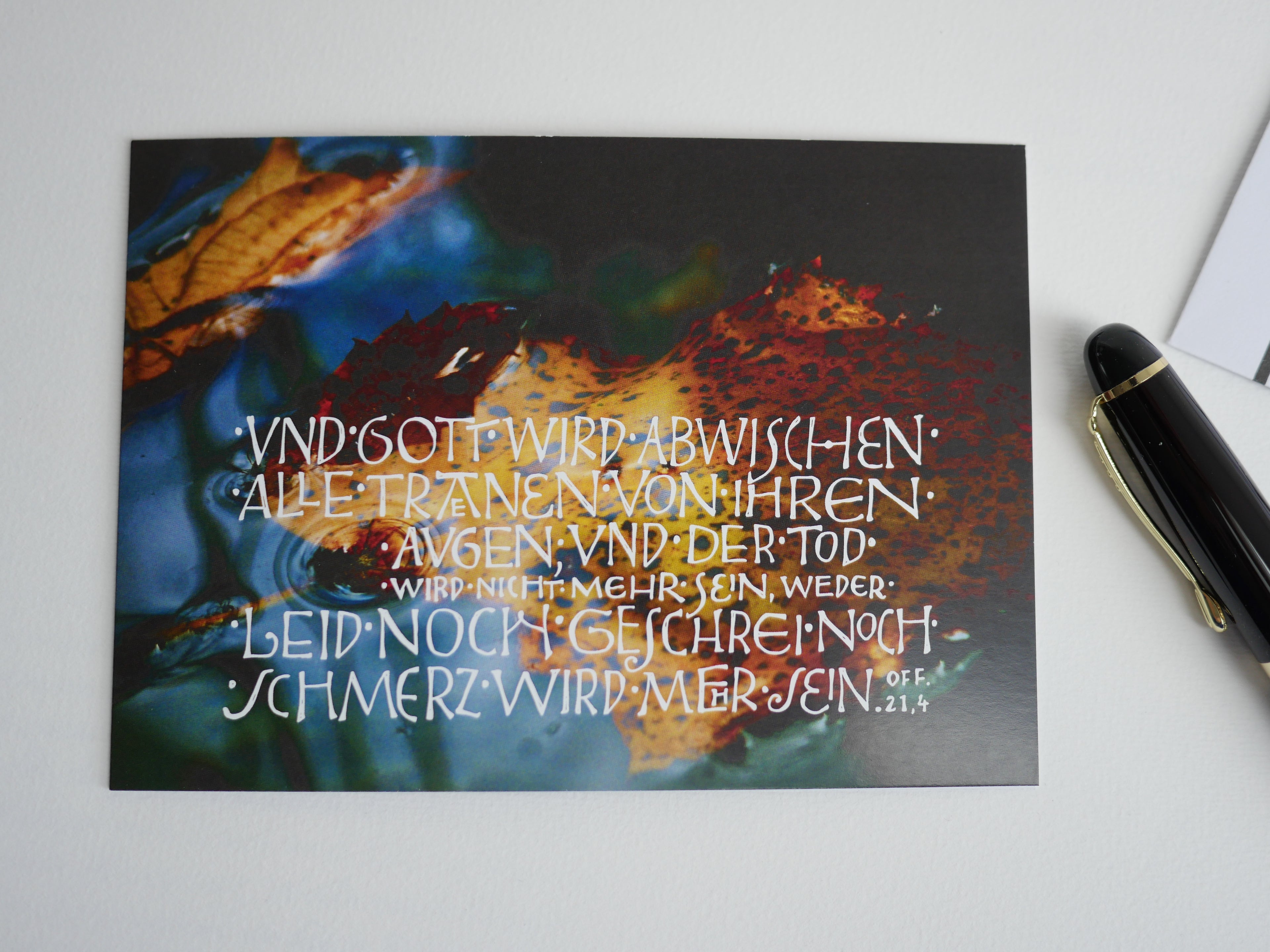 Trauerkarte christlich, 5 Motive, "Und Gott wird abwischen alle Tränen", Off. 21,4 mit Umschlag, Din A6, gedruckt Kalligrafie, Kalligraphie, Bibelspruch