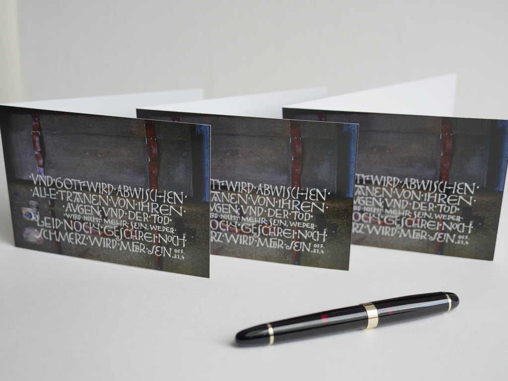 Trauerkarte christlich, 5 Motive, "Und Gott wird abwischen alle Tränen", Off. 21,4 mit Umschlag, Din A6, gedruckt Kalligrafie, Kalligraphie, Bibelspruch