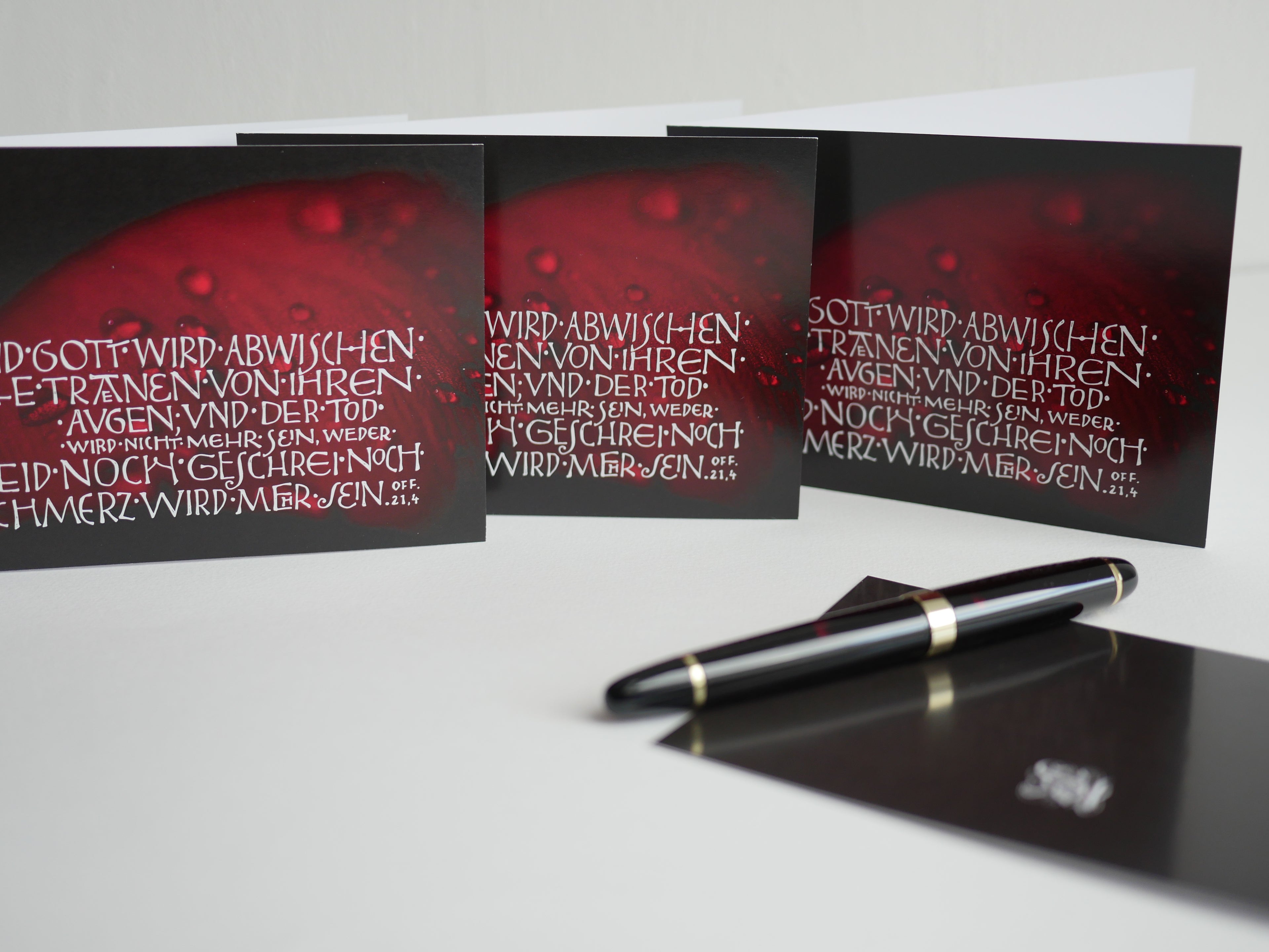 Trauerkarte christlich, 5 Motive, "Und Gott wird abwischen alle Tränen", Off. 21,4 mit Umschlag, Din A6, gedruckt Kalligrafie, Kalligraphie, Bibelspruch