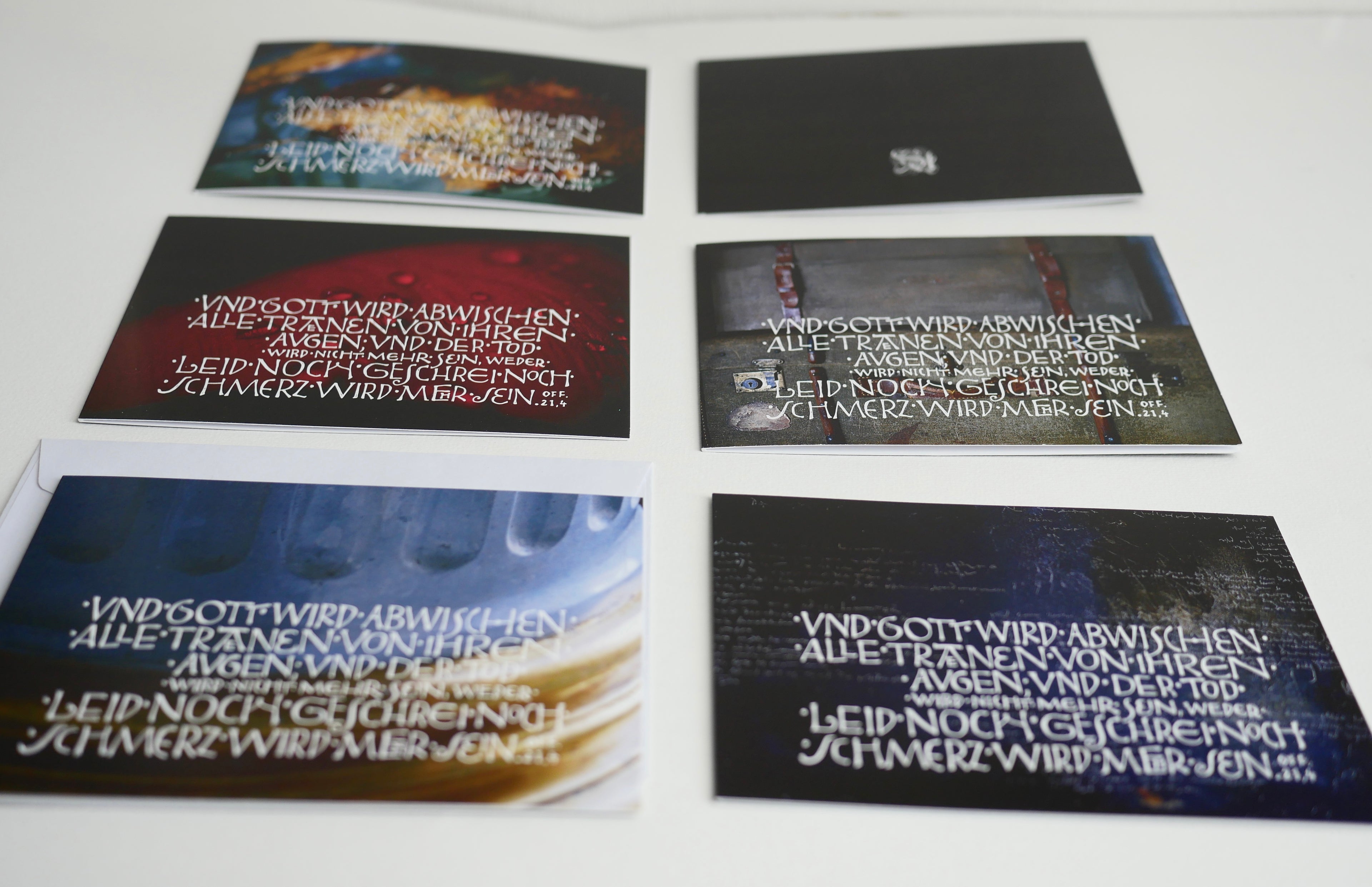 Trauerkarte christlich, 5 Motive, "Und Gott wird abwischen alle Tränen", Off. 21,4 mit Umschlag, Din A6, gedruckt Kalligrafie, Kalligraphie, Bibelspruch