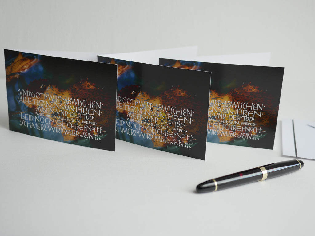 Trauerkarte christlich, 5 Motive, "Und Gott wird abwischen alle Tränen", Off. 21,4 mit Umschlag, Din A6, gedruckt Kalligrafie, Kalligraphie, Bibelspruch