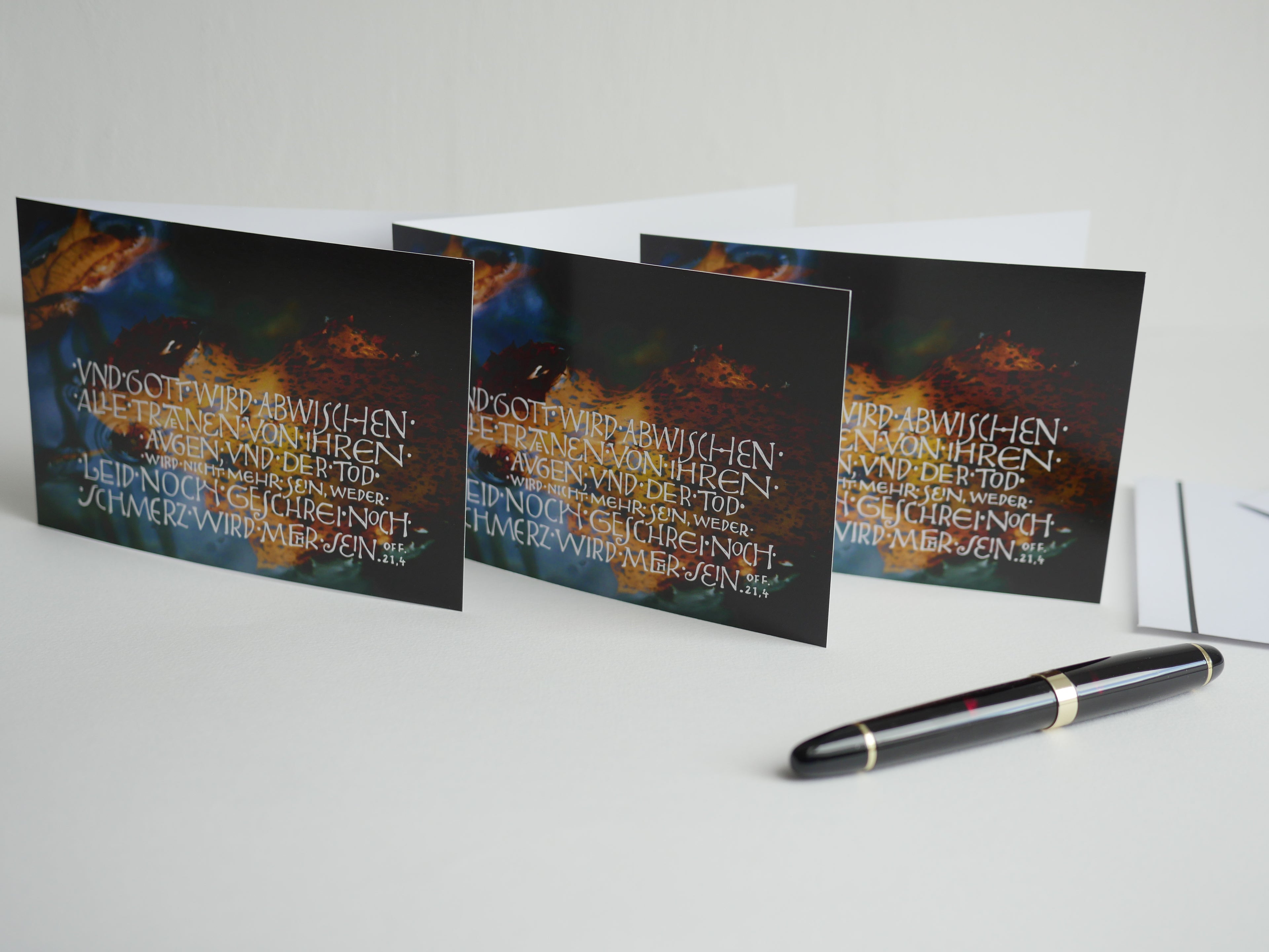 Trauerkarte christlich, 5 Motive, "Und Gott wird abwischen alle Tränen", Off. 21,4 mit Umschlag, Din A6, gedruckt Kalligrafie, Kalligraphie, Bibelspruch