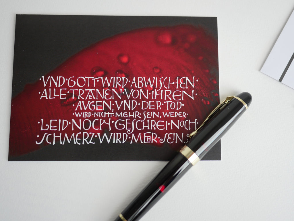 Trauerkarte christlich, 5 Motive, "Und Gott wird abwischen alle Tränen", Off. 21,4 mit Umschlag, Din A6, gedruckt Kalligrafie, Kalligraphie, Bibelspruch