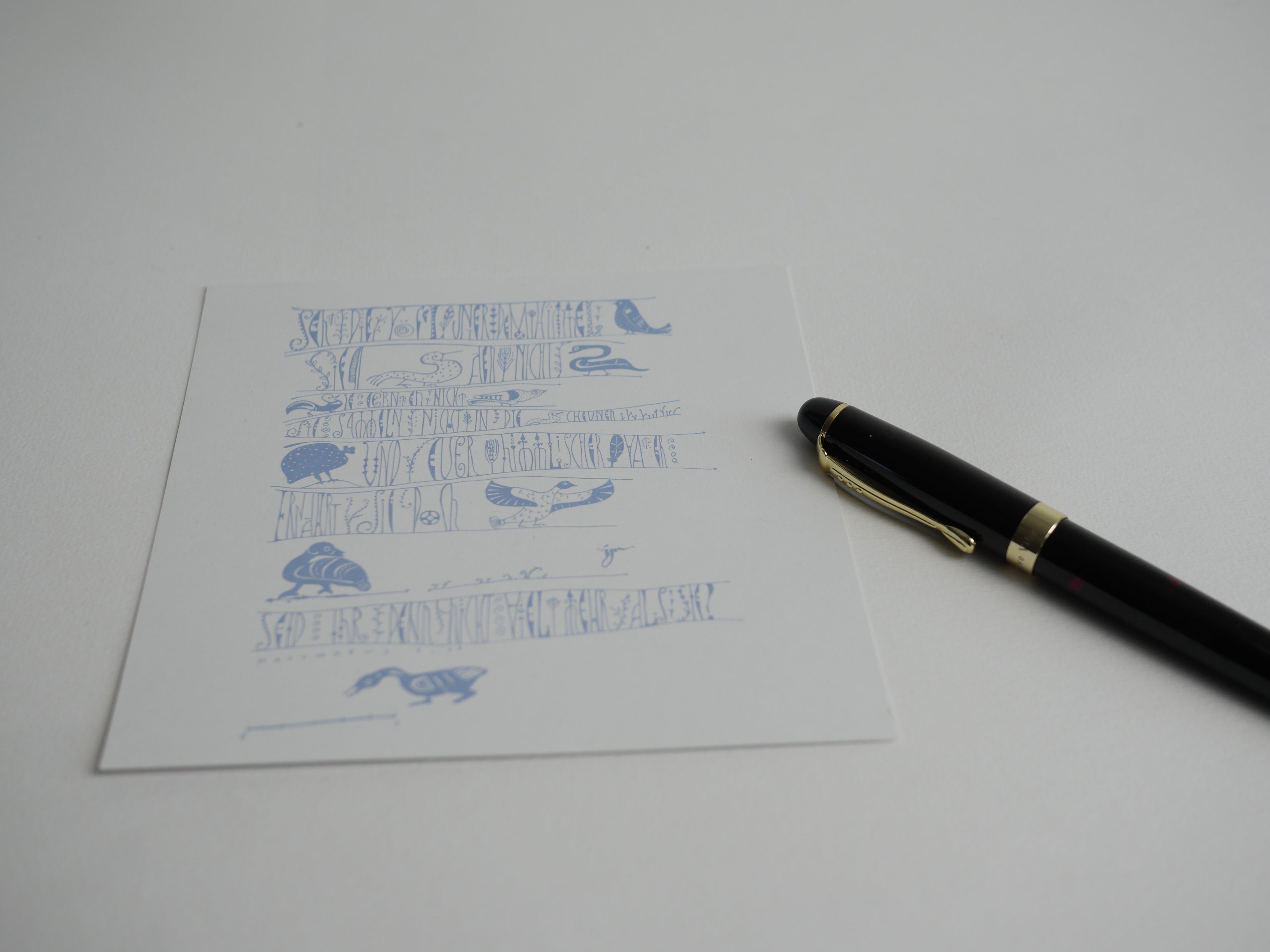 christliche Postkarte, Bibelvers, Seht die Vögel unter dem Himmel, Kalligrafie, quadratisches Format, gedruckt auf Naturkarton