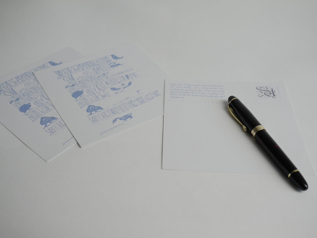 christliche Postkarte, Bibelvers, Seht die Vögel unter dem Himmel, Kalligrafie, quadratisches Format, gedruckt auf Naturkarton