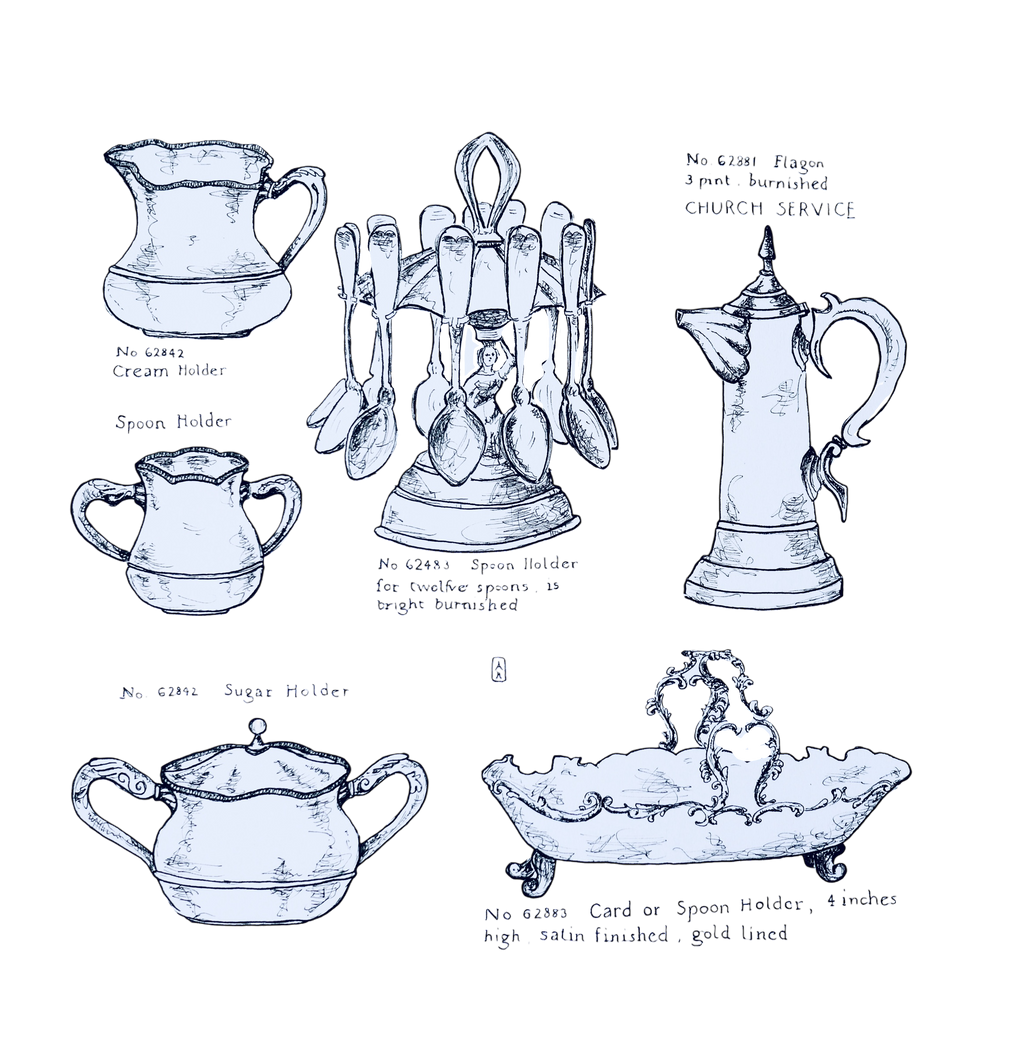 Kleines Küchenbild, Kunstdruck, feine Zeichnung, nostalgische Schälchen, Kalligraphie, 16 x 16 cm, auch mit Rahmen, kleines Geschenk