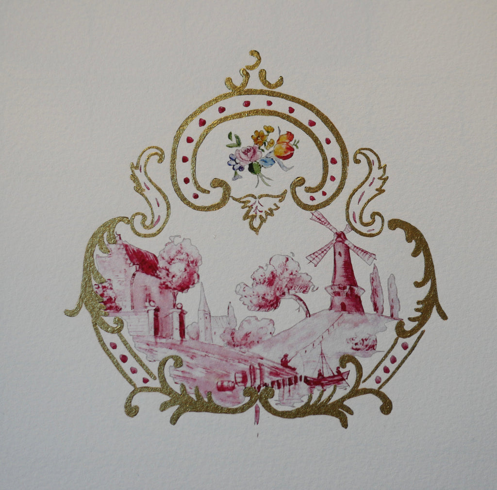 Kleines Küchenbild, 16 x 16 cm, Mühle Miniatur historische Zeichnung, Fine Art Print, handvergoldet
