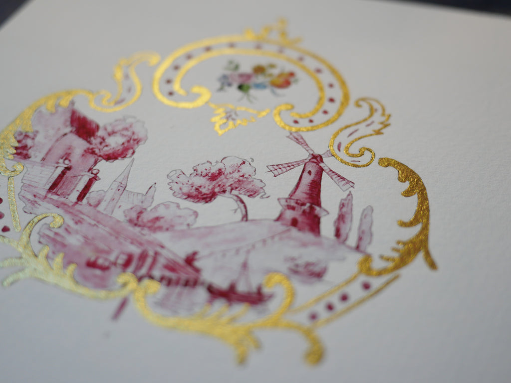 Kleines Küchenbild, 16 x 16 cm, Mühle Miniatur historische Zeichnung, Fine Art Print, handvergoldet