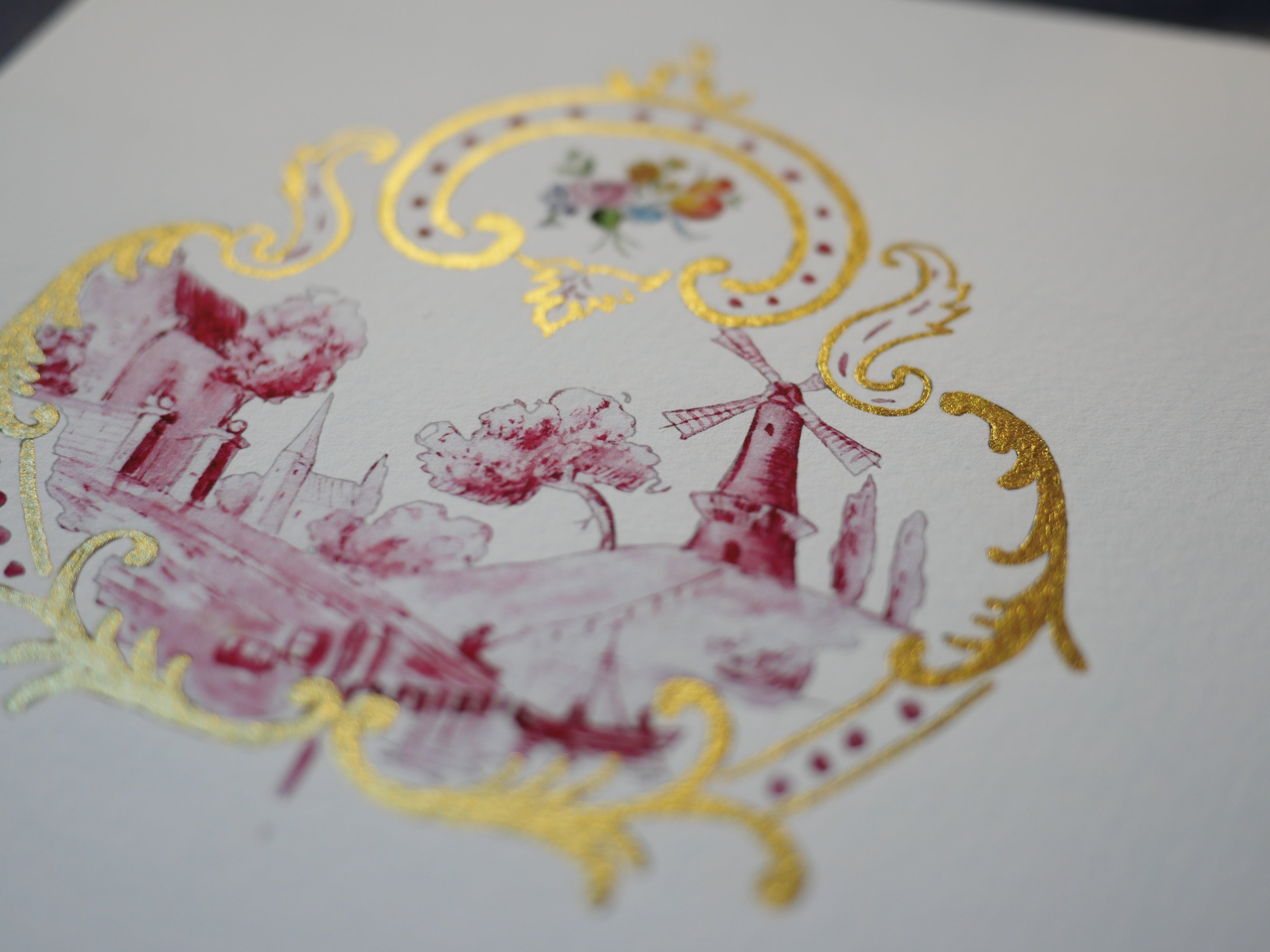 Kleines Küchenbild, 16 x 16 cm, Mühle Miniatur historische Zeichnung, Fine Art Print, handvergoldet