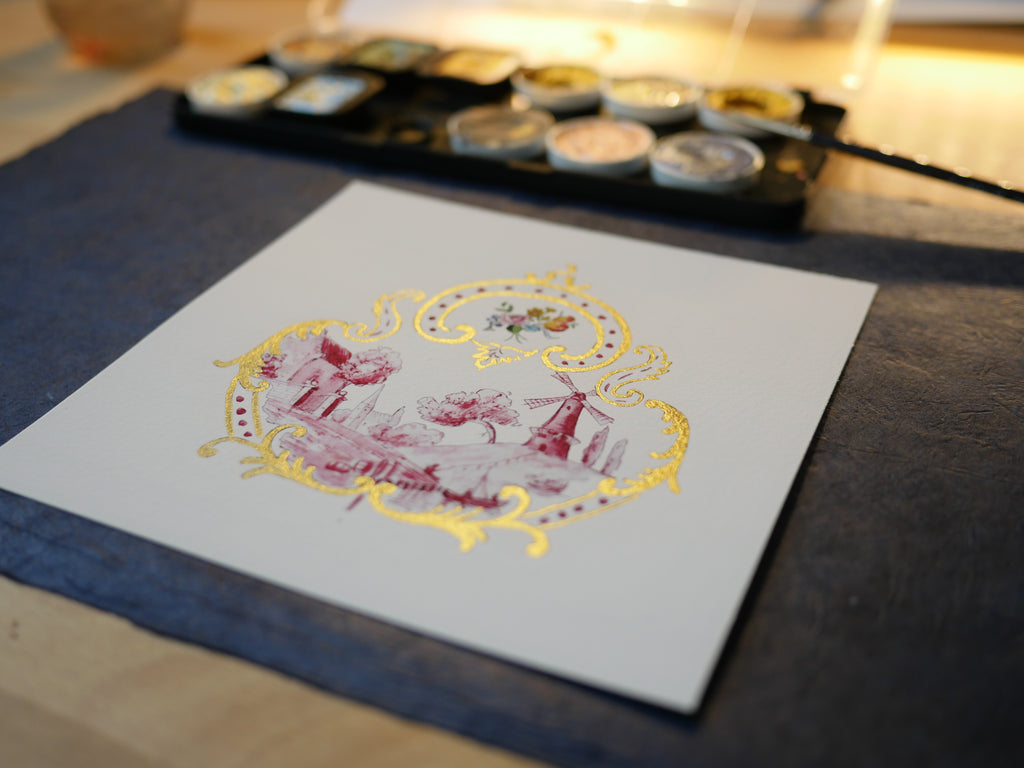 Kleines Küchenbild, 16 x 16 cm, Mühle Miniatur historische Zeichnung, Fine Art Print, handvergoldet
