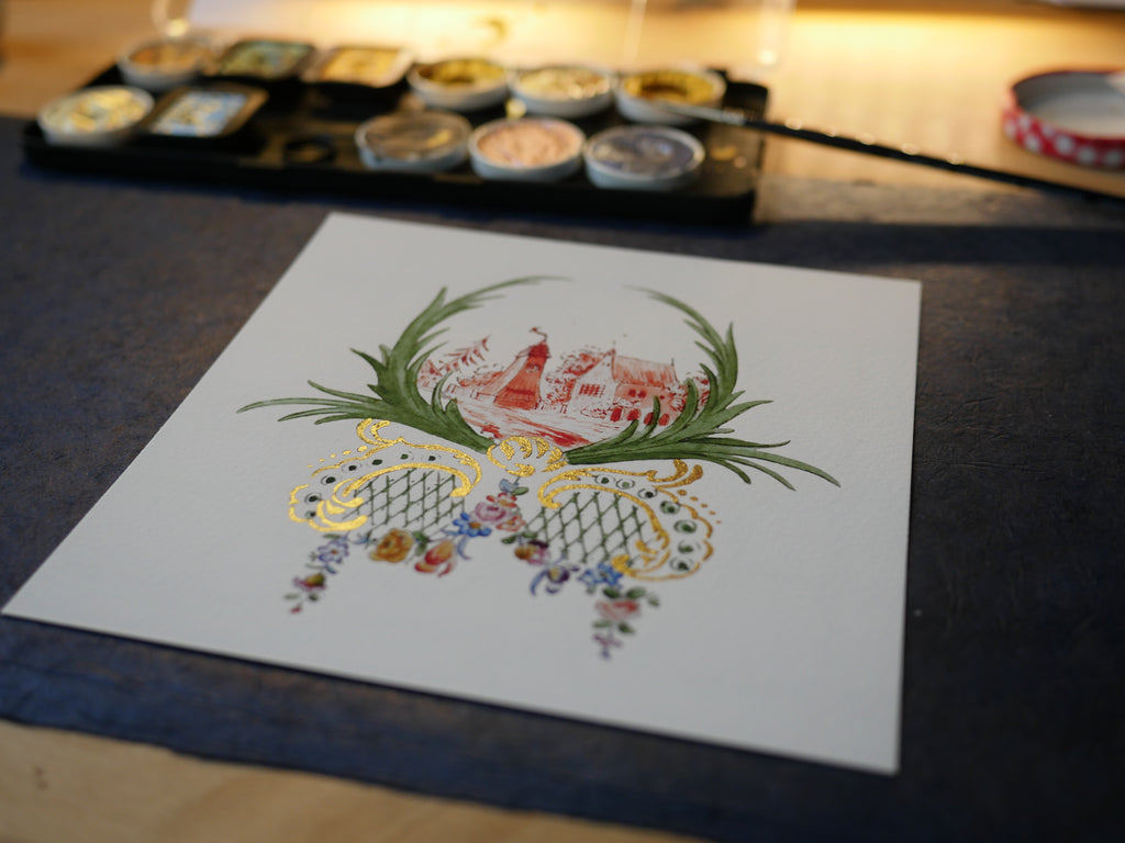 Kleines Küchenbild, 16 x 16 cm, Mühle, Miniaturmalerei, Porzellanentwurf, vergoldet, Fine Art Print, handvergoldet