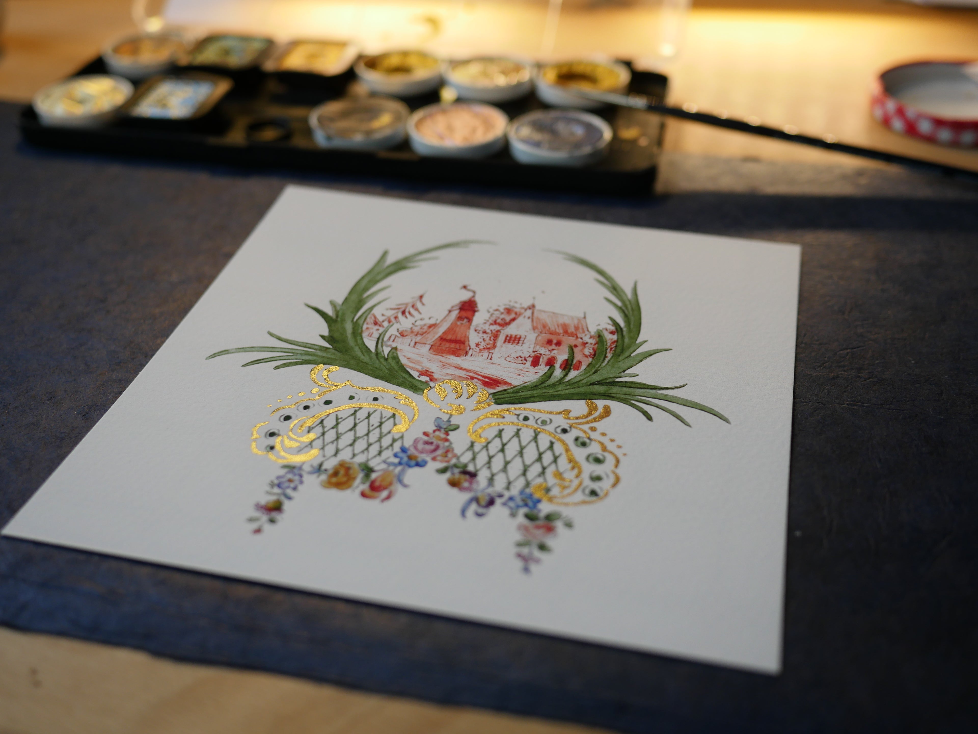 Kleines Küchenbild, 16 x 16 cm, Mühle, Miniaturmalerei, Porzellanentwurf, vergoldet, Fine Art Print, handvergoldet