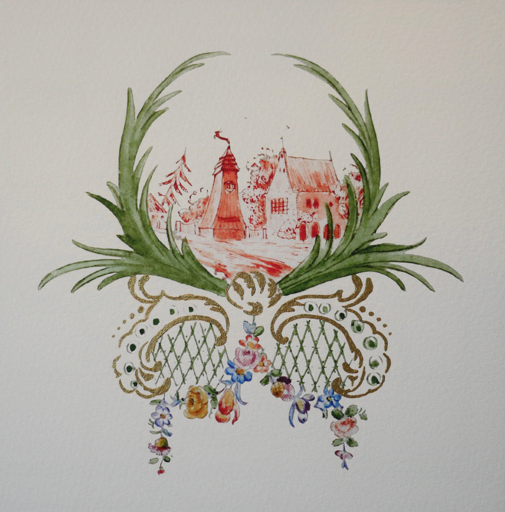 Kleines Küchenbild, 16 x 16 cm, Mühle, Miniaturmalerei, Porzellanentwurf, vergoldet, Fine Art Print, handvergoldet
