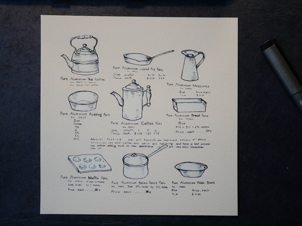 Kleines Küchenbild, Kunstdruck, feine Zeichnung, nostalgische Töpfe, Kalligraphie, 16 x 16 cm, auch mit Rahmen, kleines Geschenk