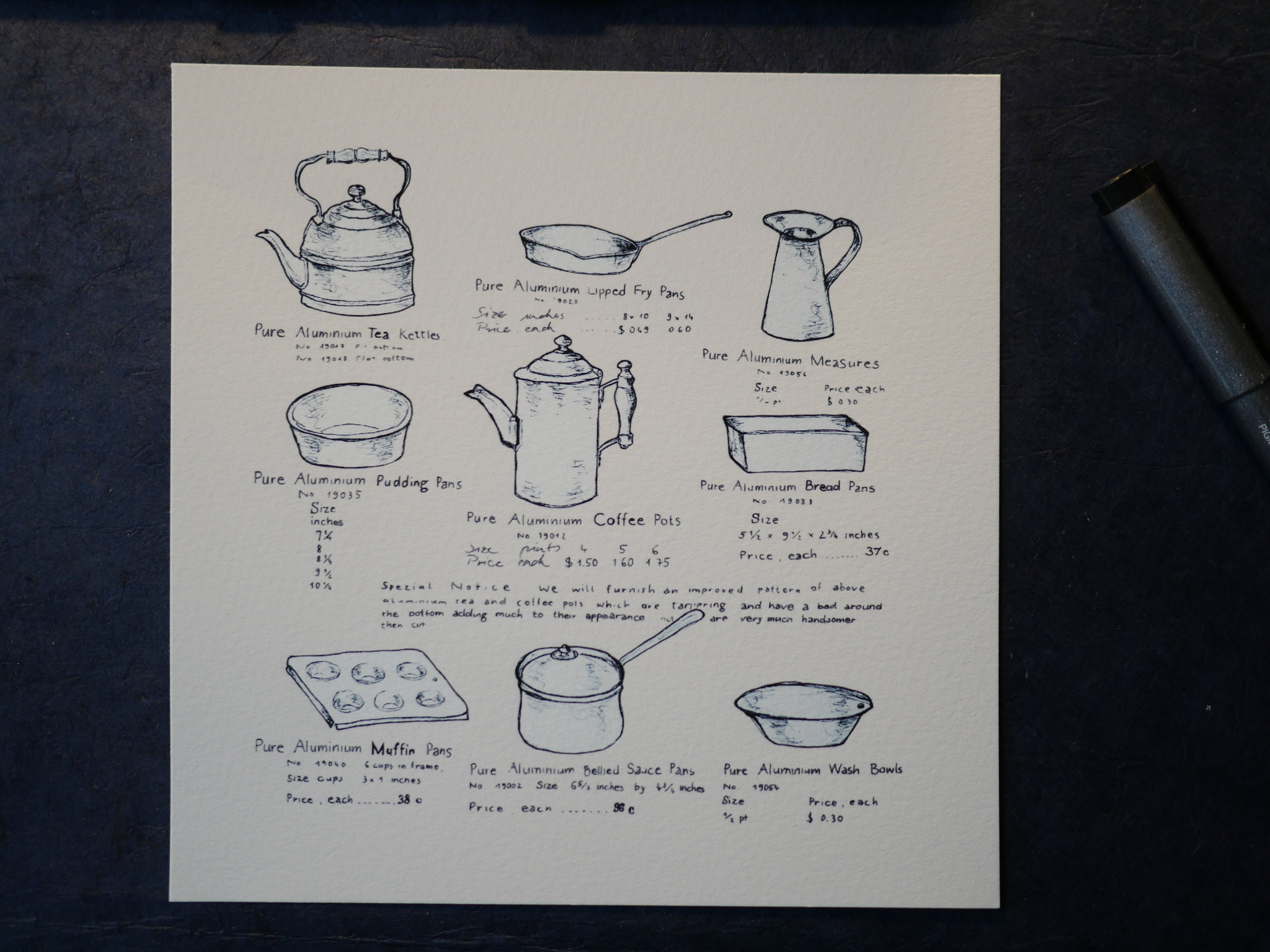 Kleines Küchenbild, Kunstdruck, feine Zeichnung, nostalgische Töpfe, Kalligraphie, 16 x 16 cm, auch mit Rahmen, kleines Geschenk