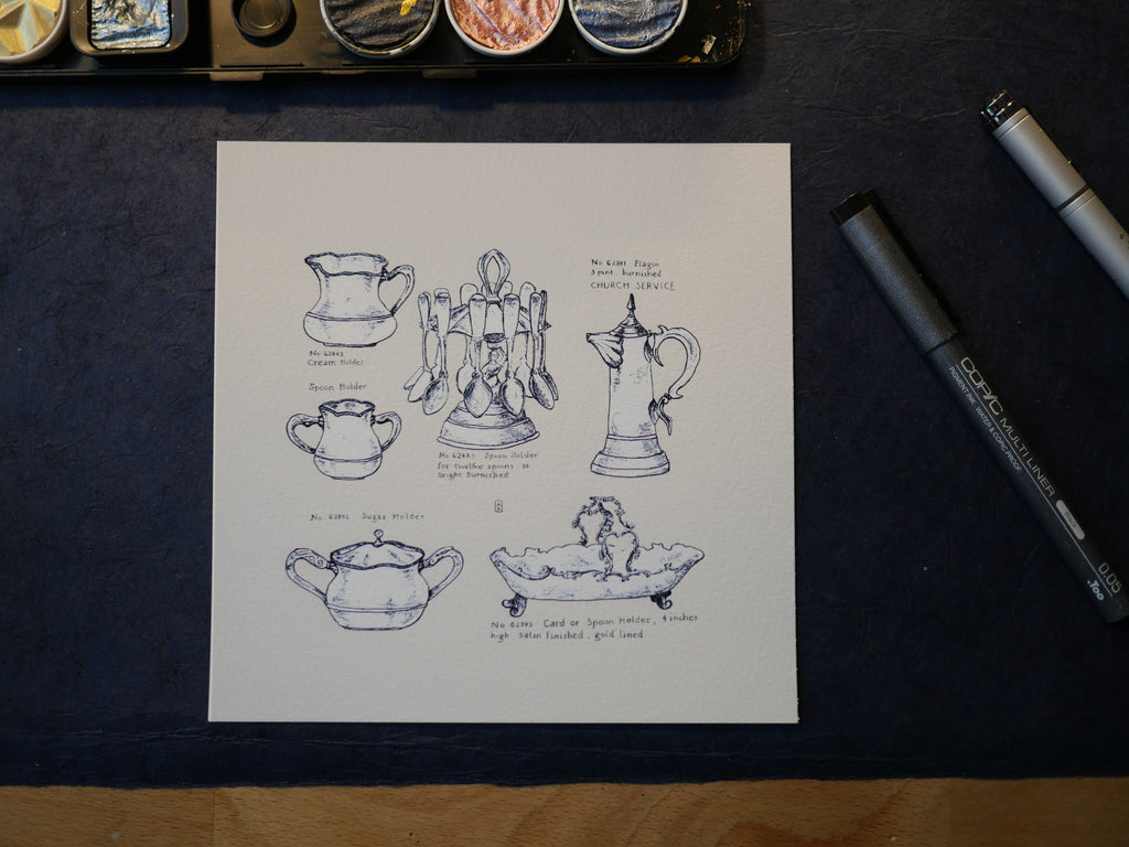 Kleines Küchenbild, Kunstdruck, feine Zeichnung, nostalgische Schälchen, Kalligraphie, 16 x 16 cm, auch mit Rahmen, kleines Geschenk