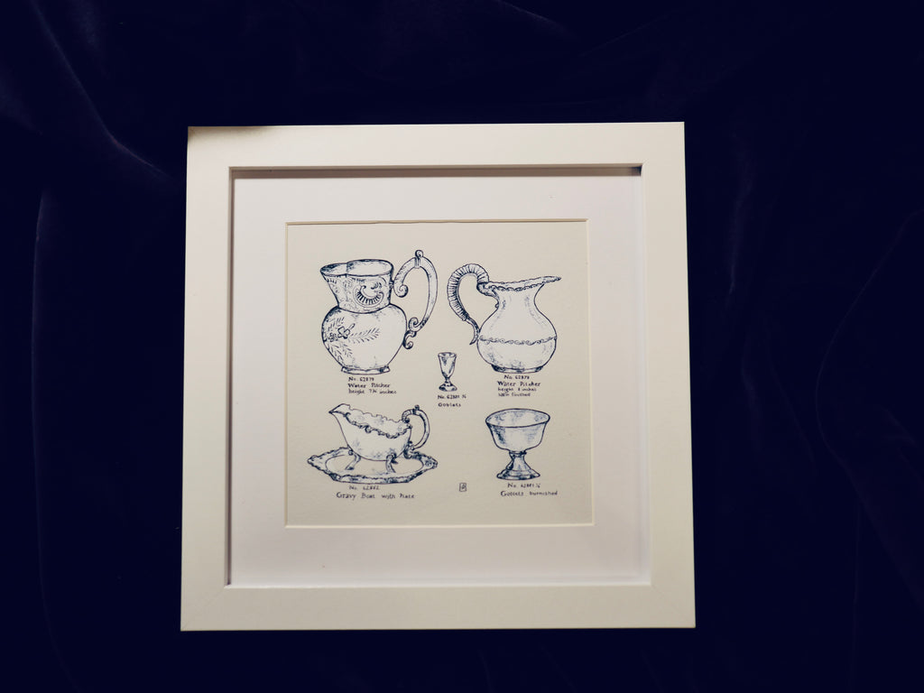 Kleines Küchenbild, Kunstdruck, feine Zeichnung, Krüge Silberwaren, Kalligraphie, 16 x 16 cm, auch mit Rahmen, kleines Geschenk
