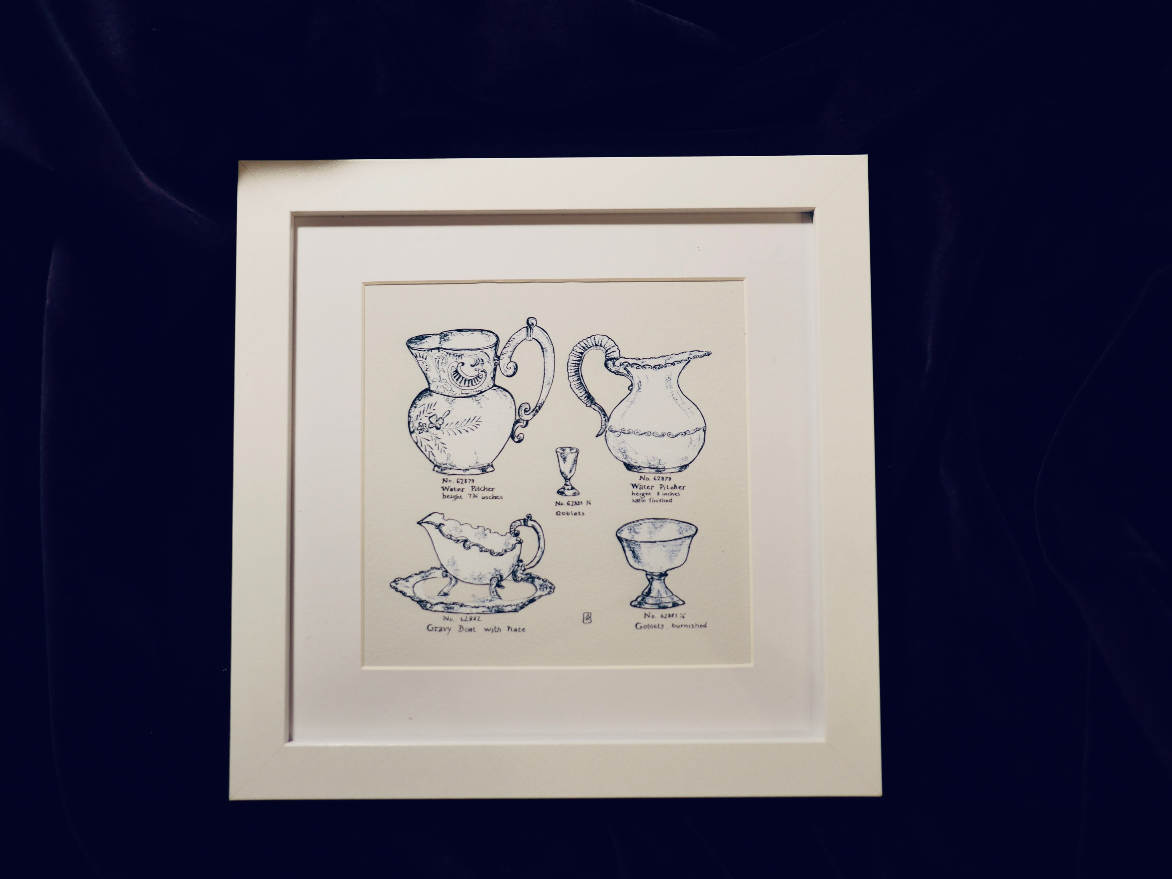 Kleines Küchenbild, Kunstdruck, feine Zeichnung, Krüge Silberwaren, Kalligraphie, 16 x 16 cm, auch mit Rahmen, kleines Geschenk
