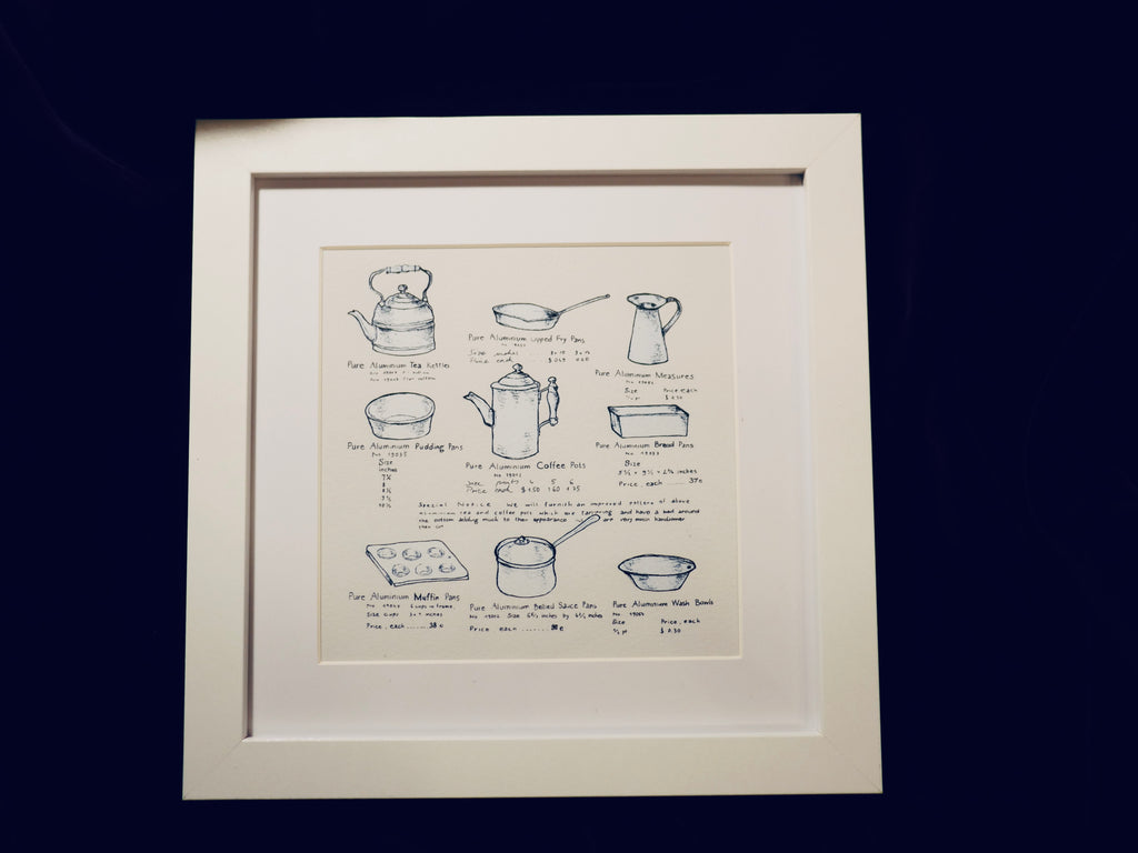 Kleines Küchenbild, Kunstdruck, feine Zeichnung, nostalgische Töpfe, Kalligraphie, 16 x 16 cm, auch mit Rahmen, kleines Geschenk