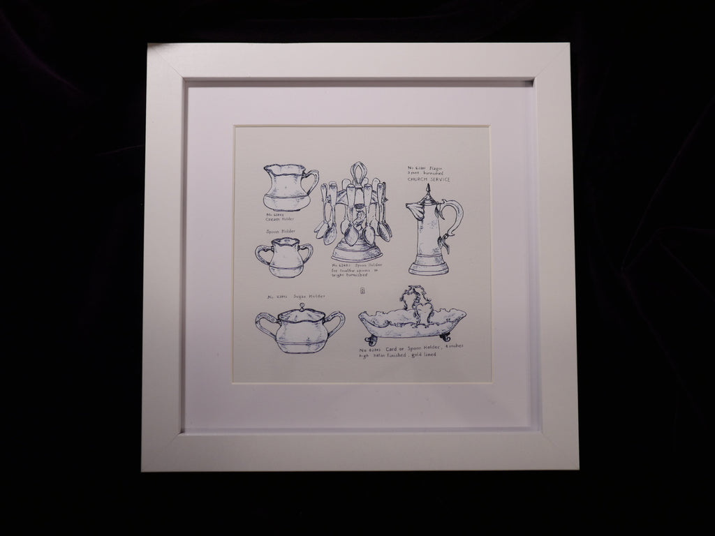 Kleines Küchenbild, Kunstdruck, feine Zeichnung, nostalgische Schälchen, Kalligraphie, 16 x 16 cm, auch mit Rahmen, kleines Geschenk