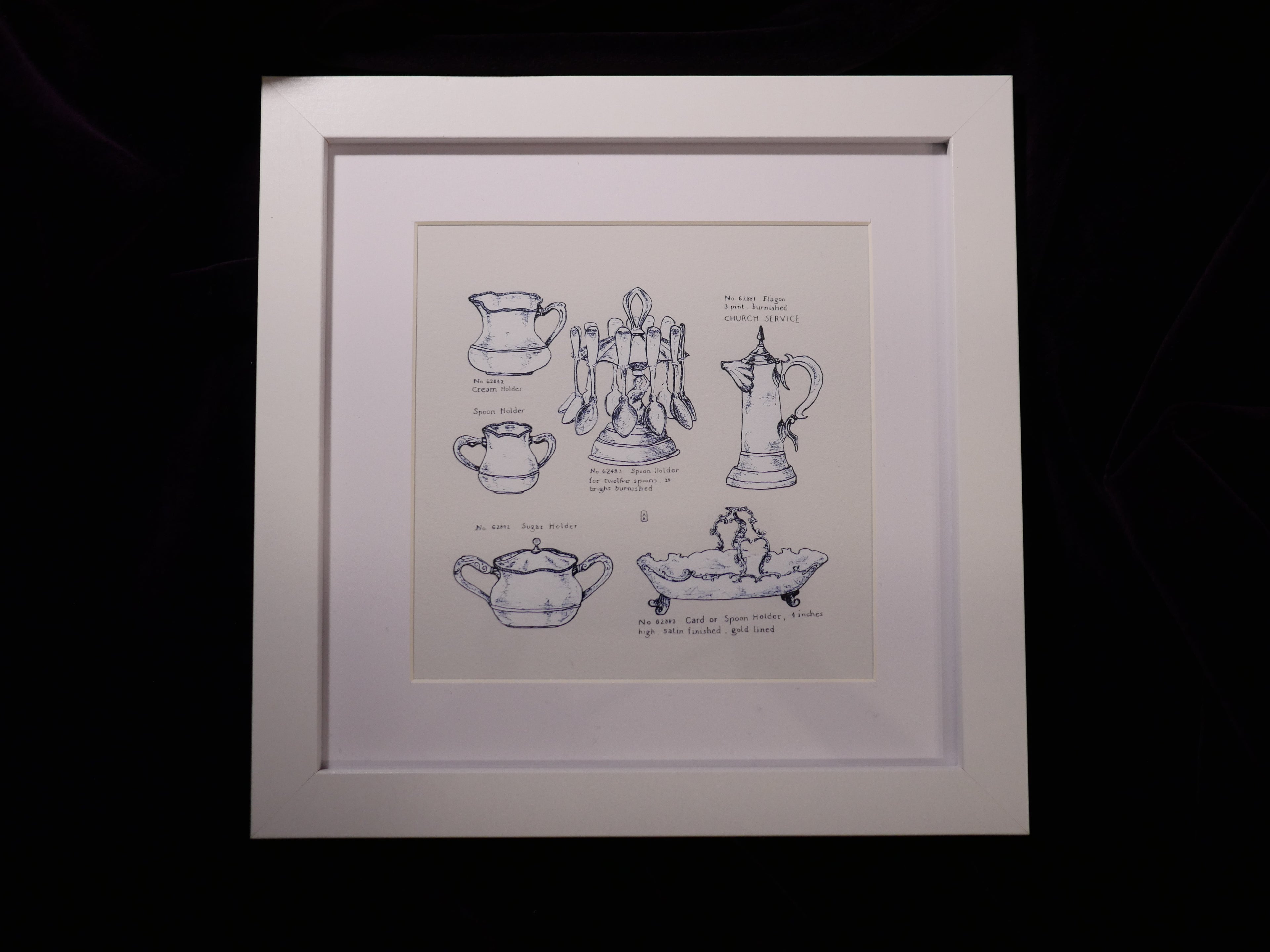 Kleines Küchenbild, Kunstdruck, feine Zeichnung, nostalgische Schälchen, Kalligraphie, 16 x 16 cm, auch mit Rahmen, kleines Geschenk